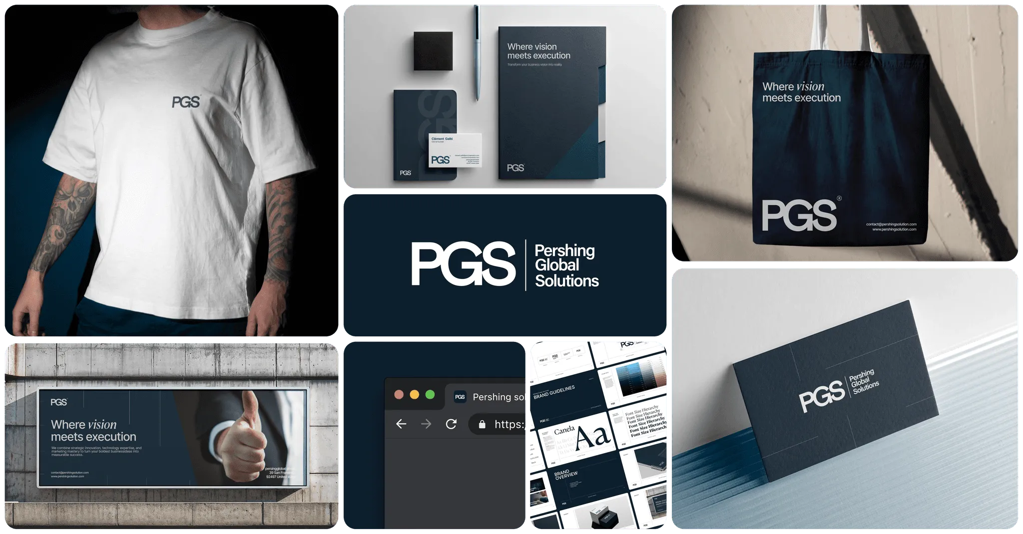 Collage of PGS brand applications: T-shirt, cards and screens