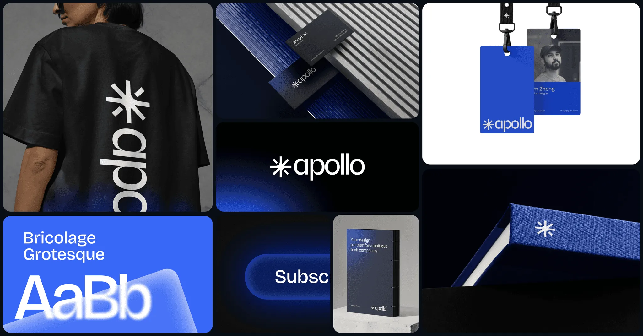 Collage of Apollo Studio brand applications: T-shirt, ID card and typography