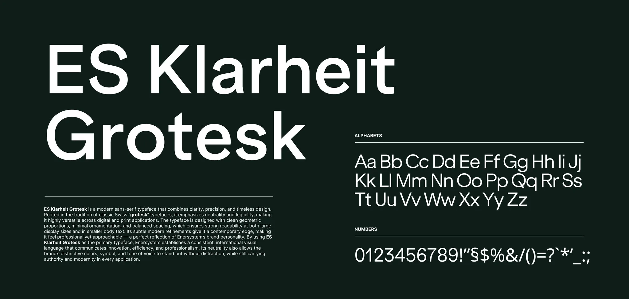 ES Klarheit Grotesk typeface specimen for Enersystem