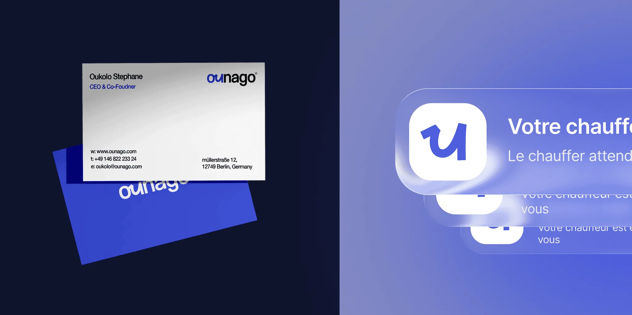 Ounago business cards and app visuals on blue