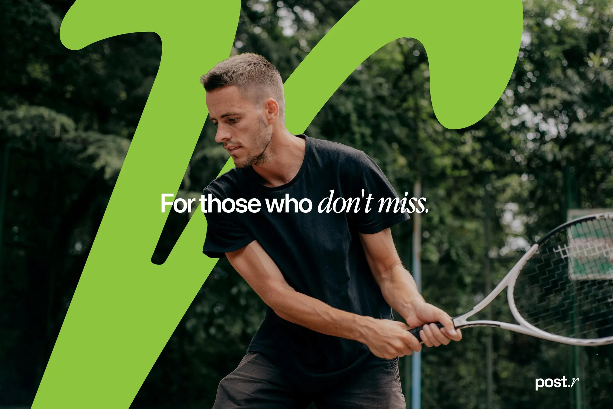 Tennis player next to the green post.r symbol