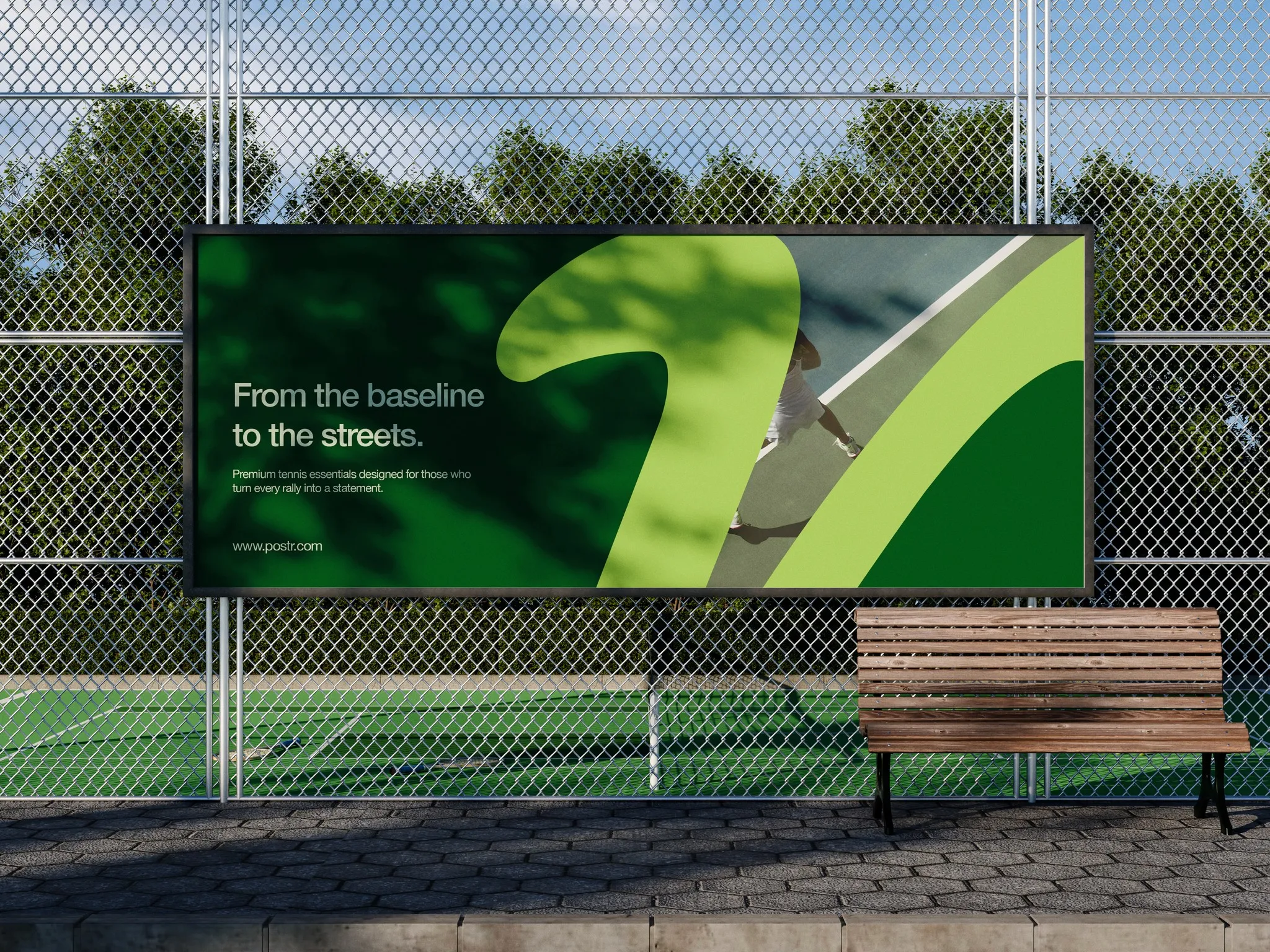post.r billboard with the green brand symbol next to tennis courts