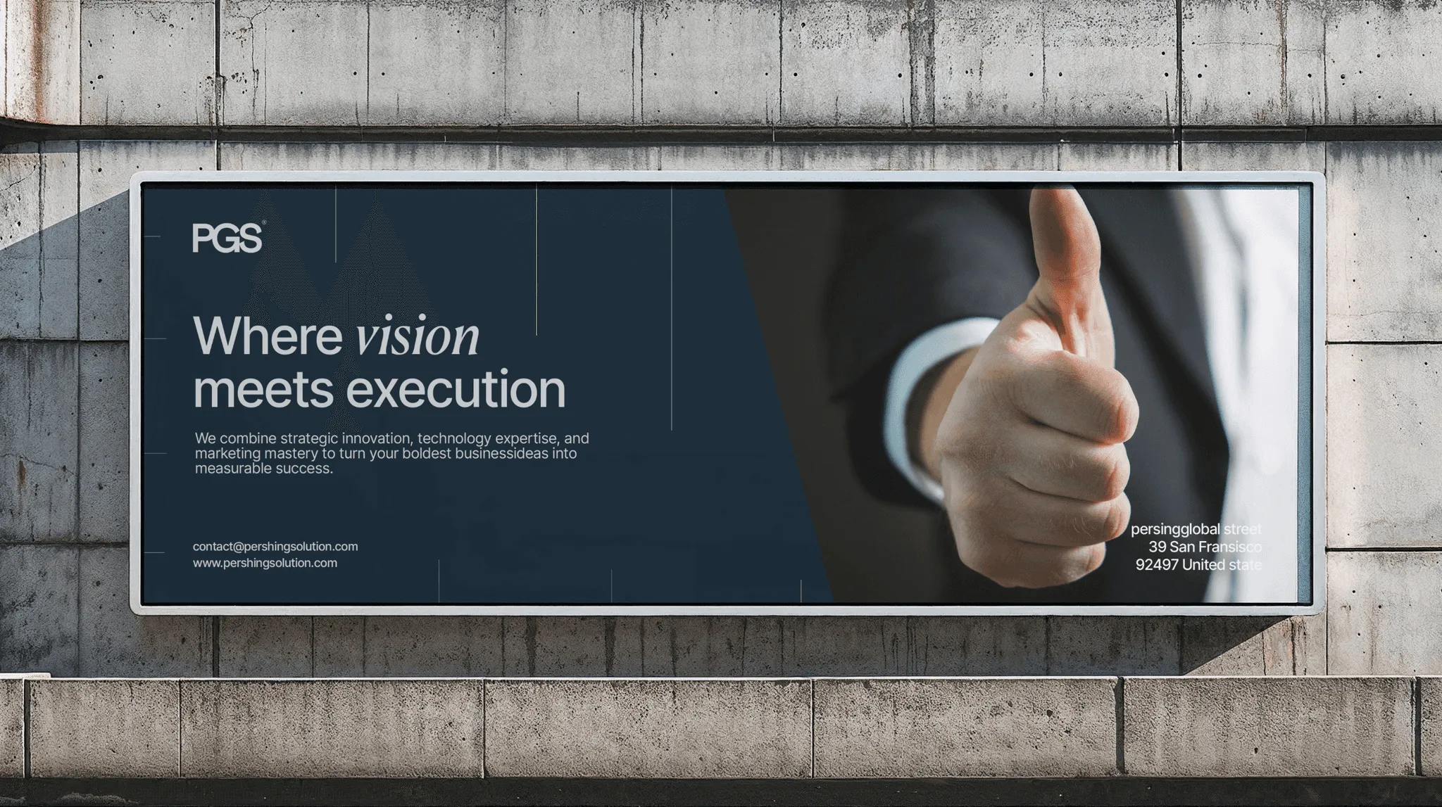 PGS billboard reading "Where vision meets execution"
