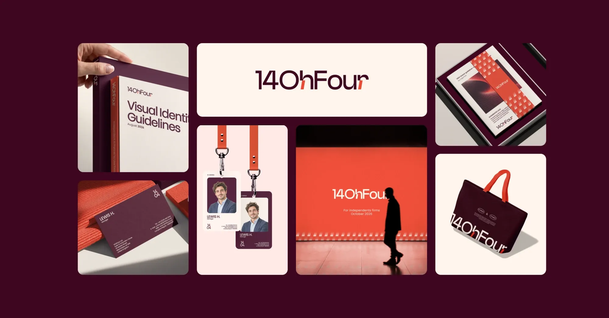 Overview of the 14OhFour brand identity by Logomint: guidelines book, logo, ID badges, illuminated wall, business card and tote bag