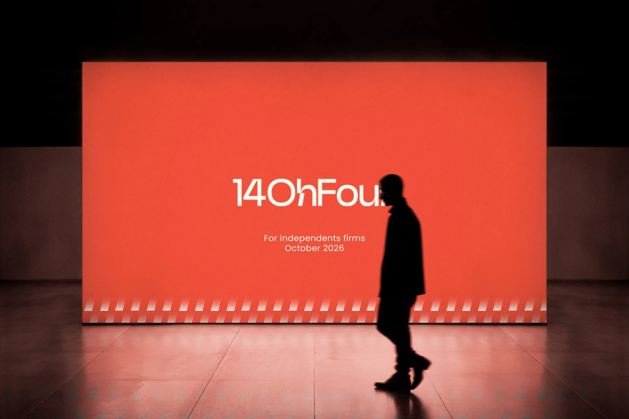 Illuminated coral wall with the 14OhFour wordmark, brand identity by Logomint