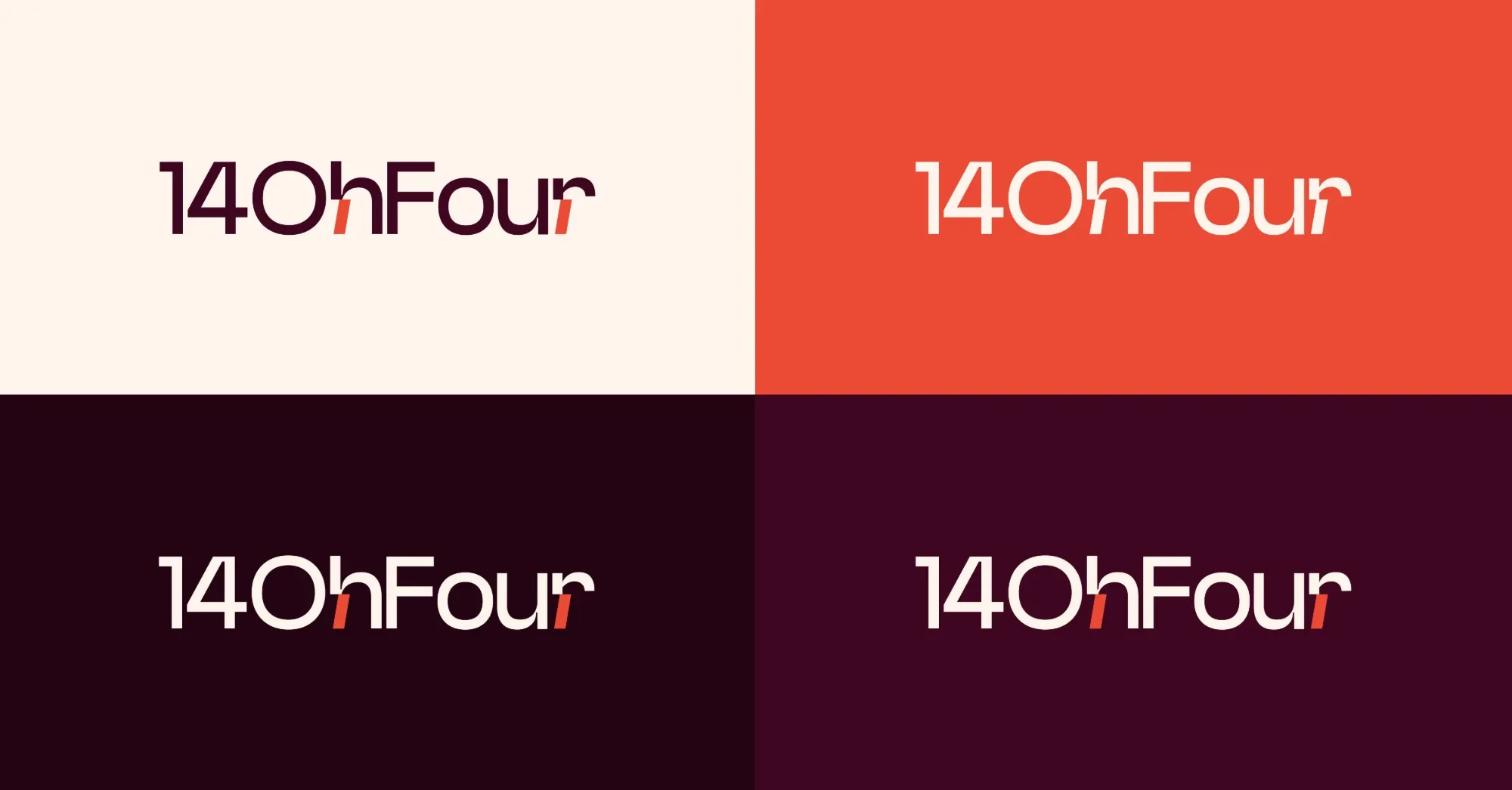 14OhFour logo on warm white, coral, deep burgundy and burgundy backgrounds