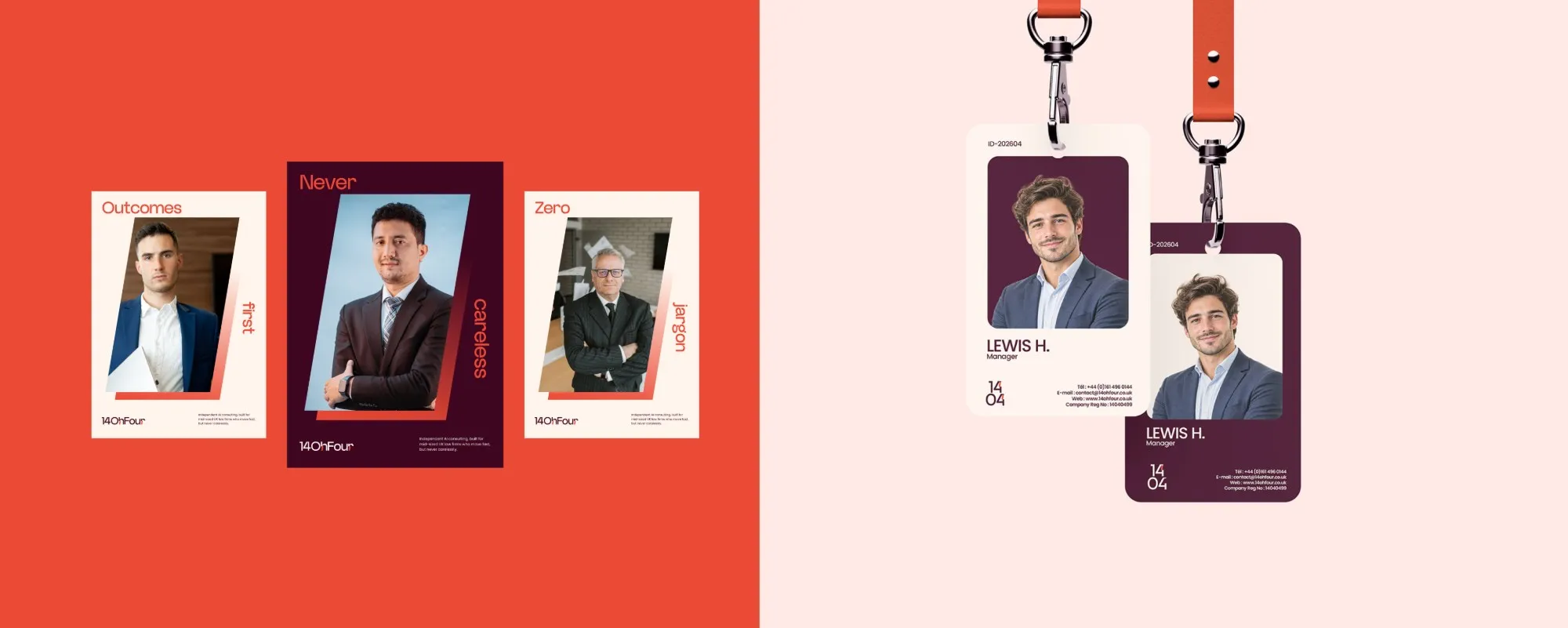 14OhFour posters reading Outcomes first, Never careless and Zero jargon, next to staff ID badges on coral lanyards