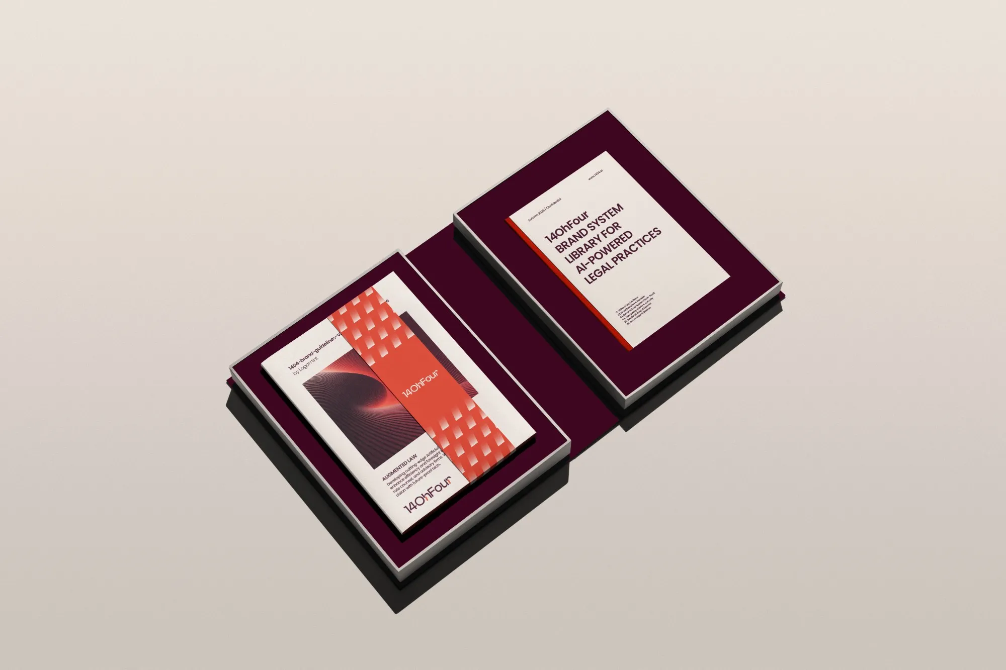 14OhFour presentation box holding a brochure with a coral band and a brand system document