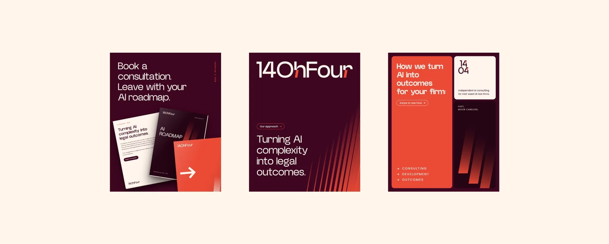 Three 14OhFour social media posts in burgundy and coral, including Turning AI complexity into legal outcomes