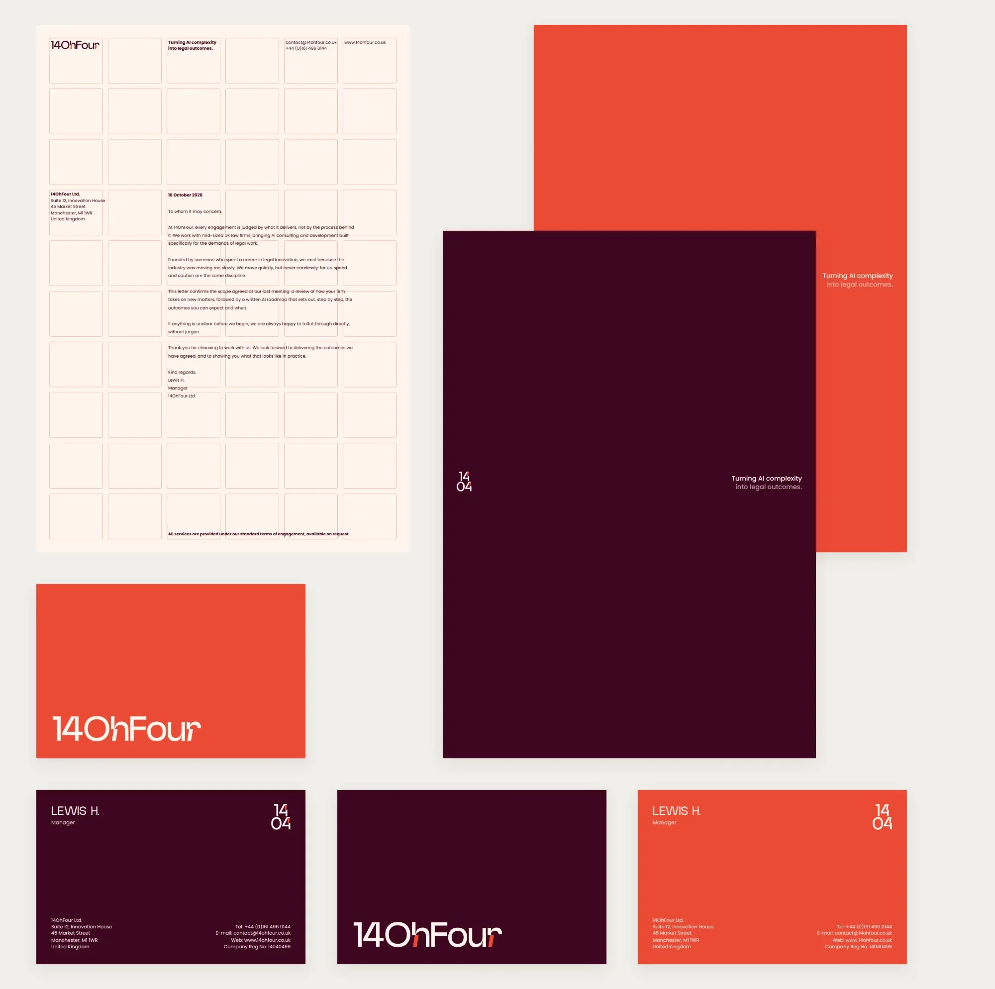14OhFour stationery system laid flat: letter on a grid, burgundy and coral folders and business cards