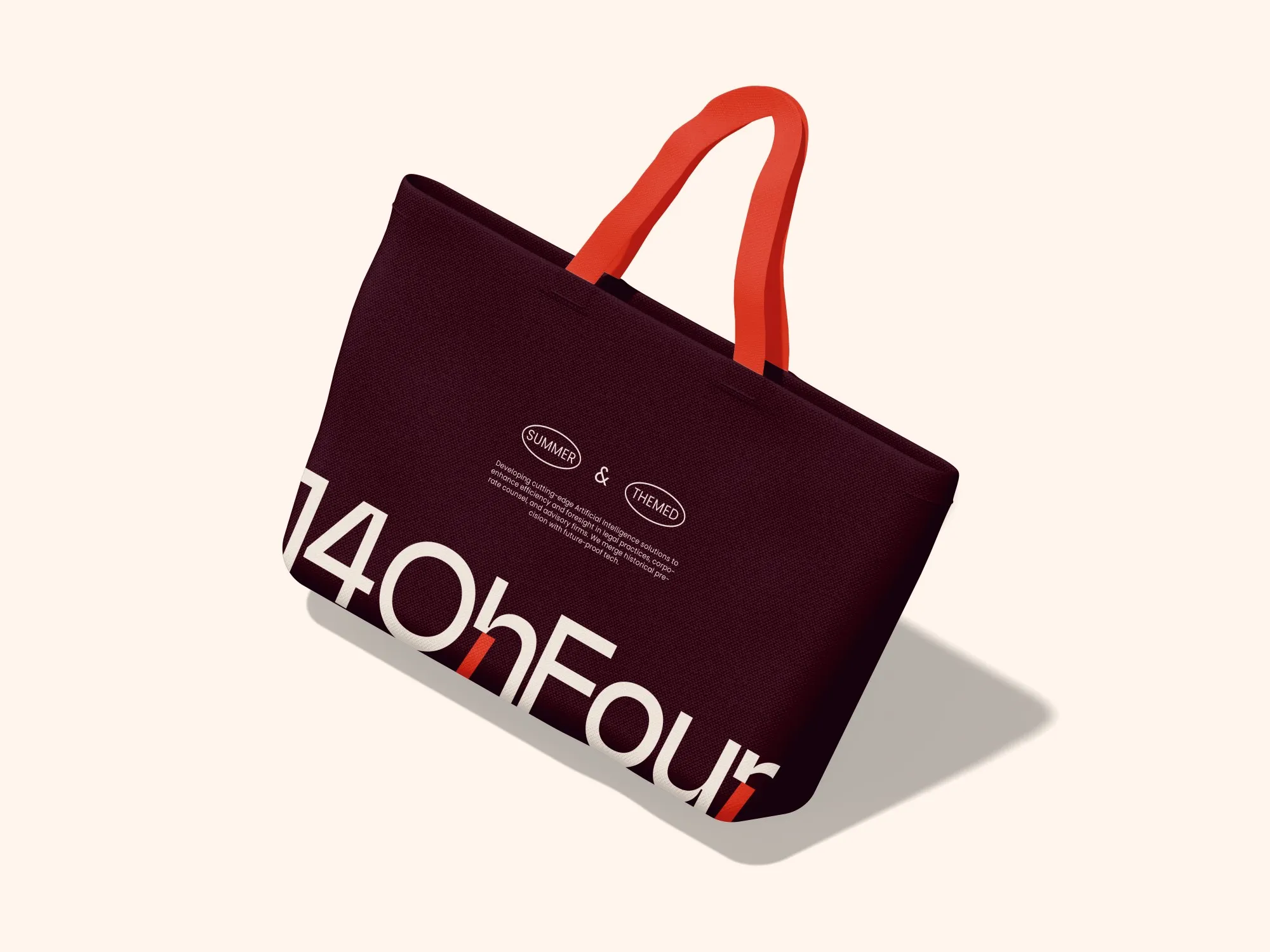 Burgundy 14OhFour tote bag with coral handles and the oversized wordmark