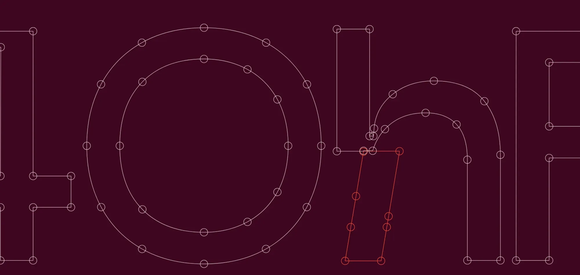 Construction of the 14OhFour wordmark, with the 81-degree diagonal cut on the h drawn in coral