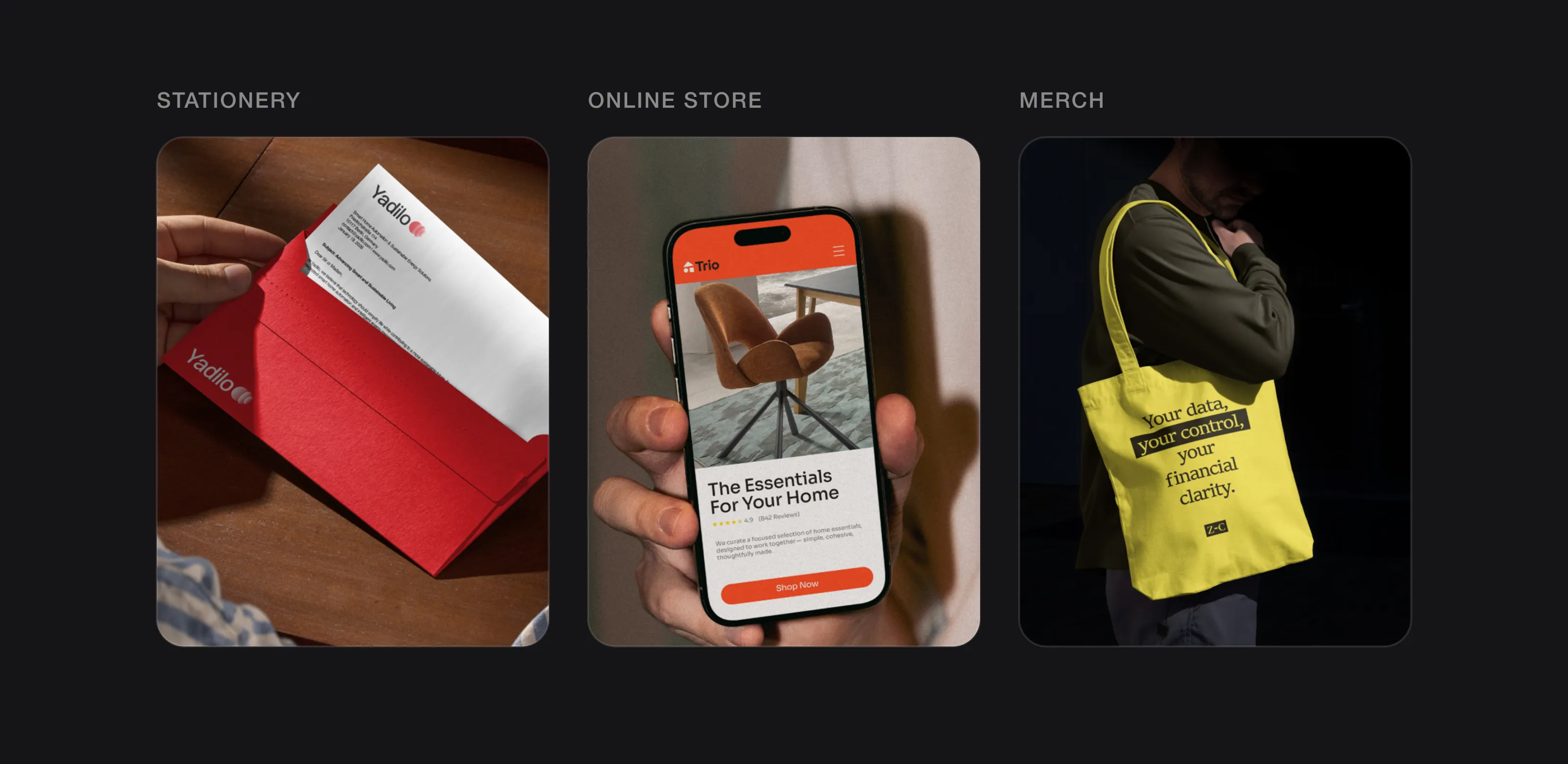 Logos designed by Logomint on an envelope and letterhead, an online store on a phone, and a tote bag
