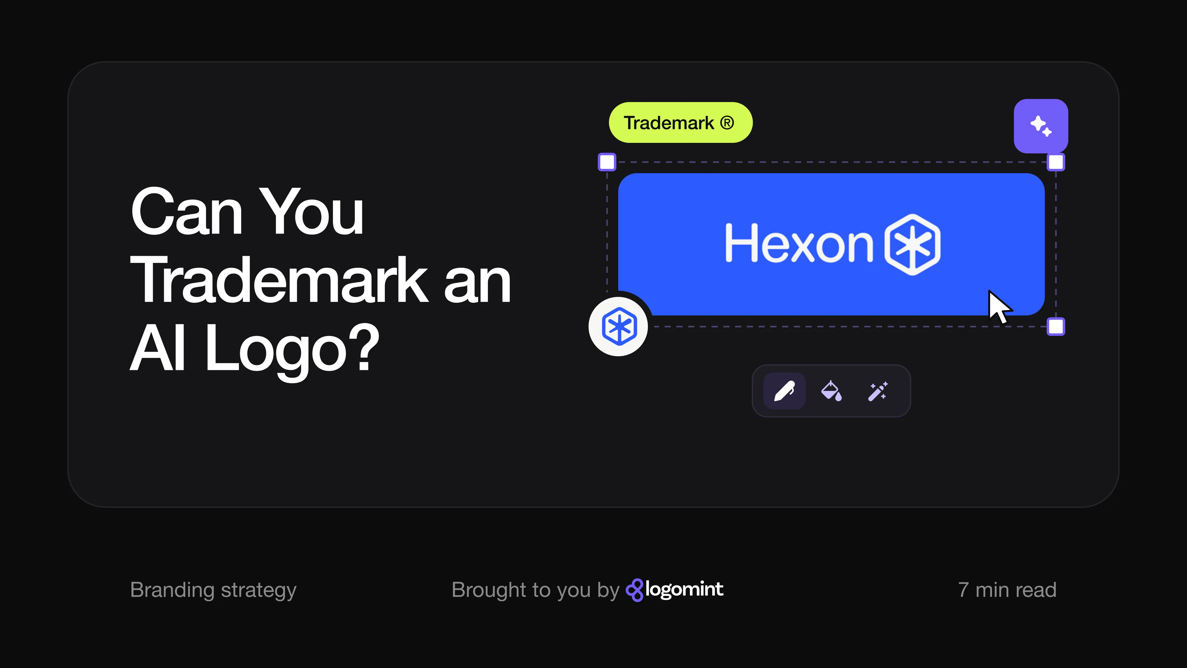 Cover with the title "Trademarking an AI-generated logo" and the copyright, trademark and registered symbols