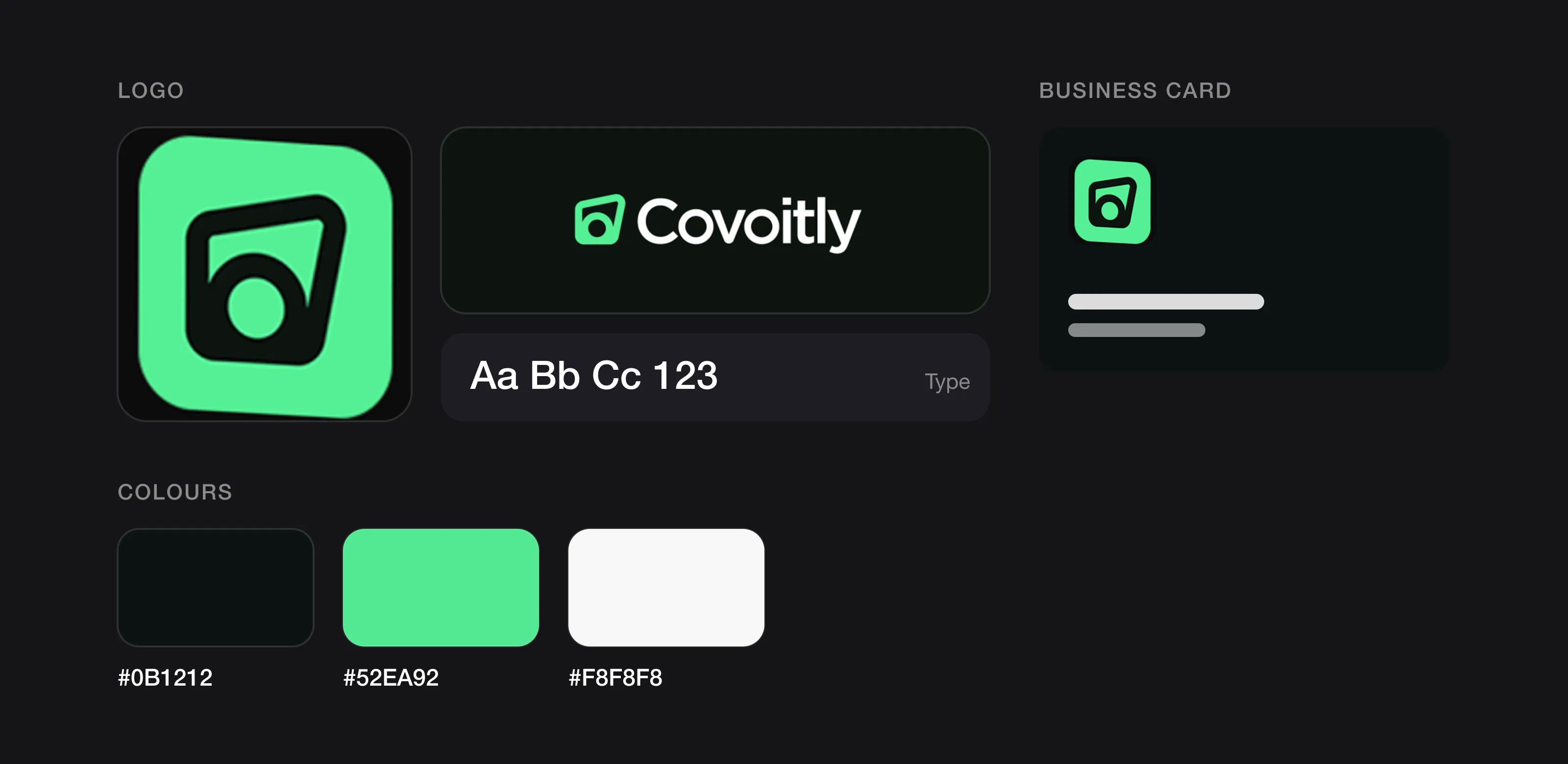 A minimum viable brand for Covoitly: the app icon, the wordmark, a type sample, a business card and three colours with HEX codes