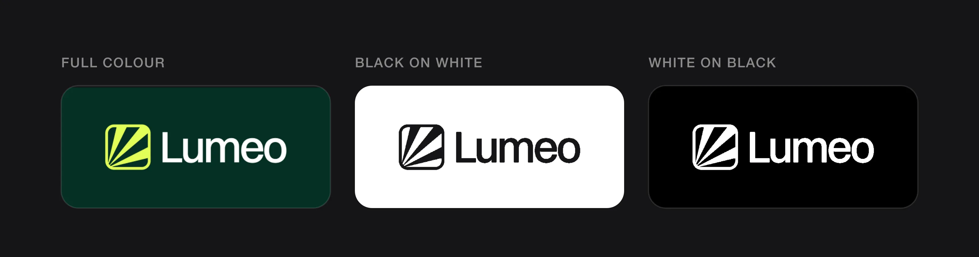 The Lumeo logo in full colour, in black on white, and in white on black
