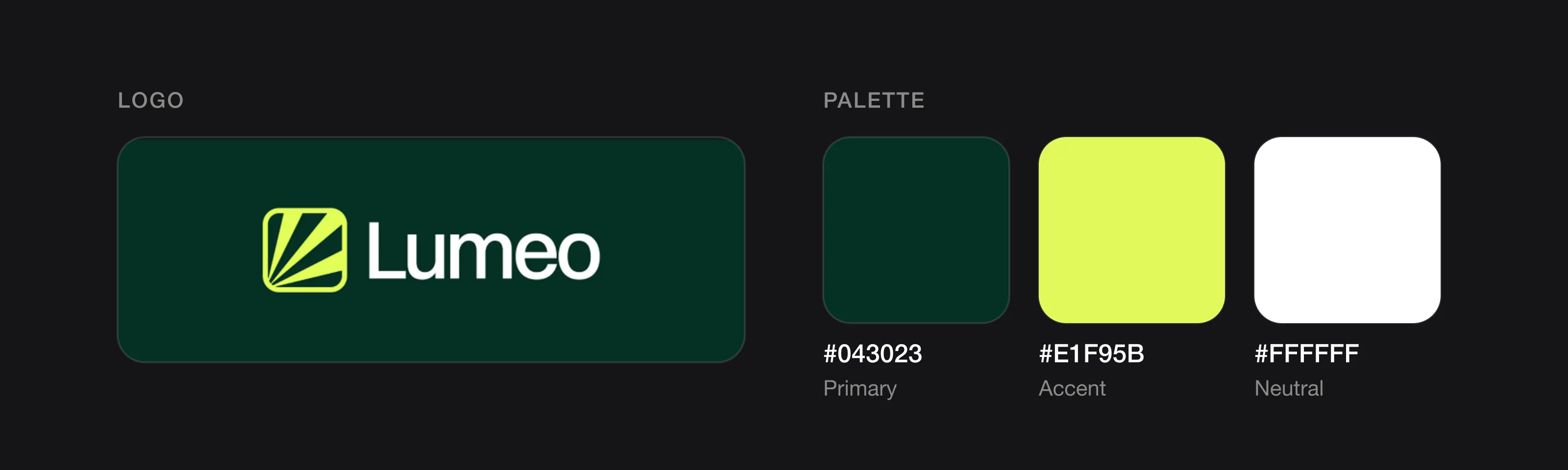 The Lumeo logo with its three colours: deep green #043023, lime #E1F95B and white