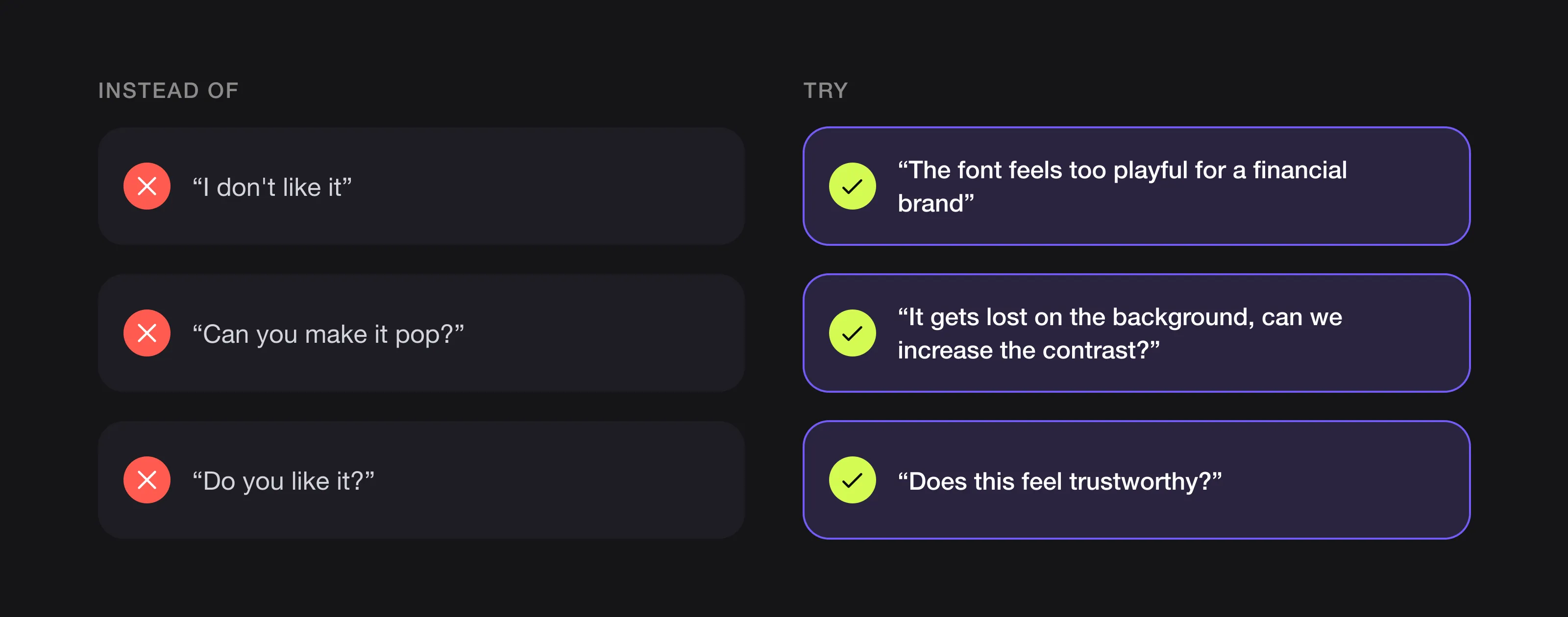 Three vague feedback phrases and better alternatives, such as replacing “Can you make it pop?” with a request for more contrast