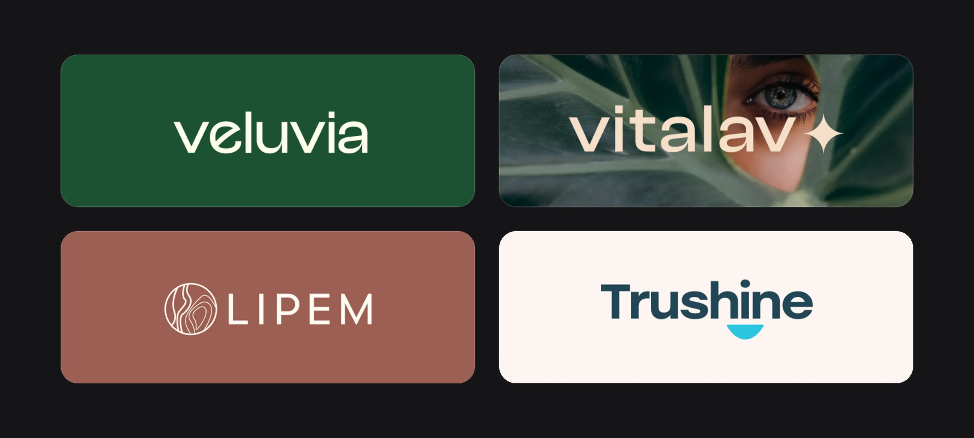 Four beauty and personal care logos designed by Logomint: Veluvia, Vitalav, Lipem and Trushine