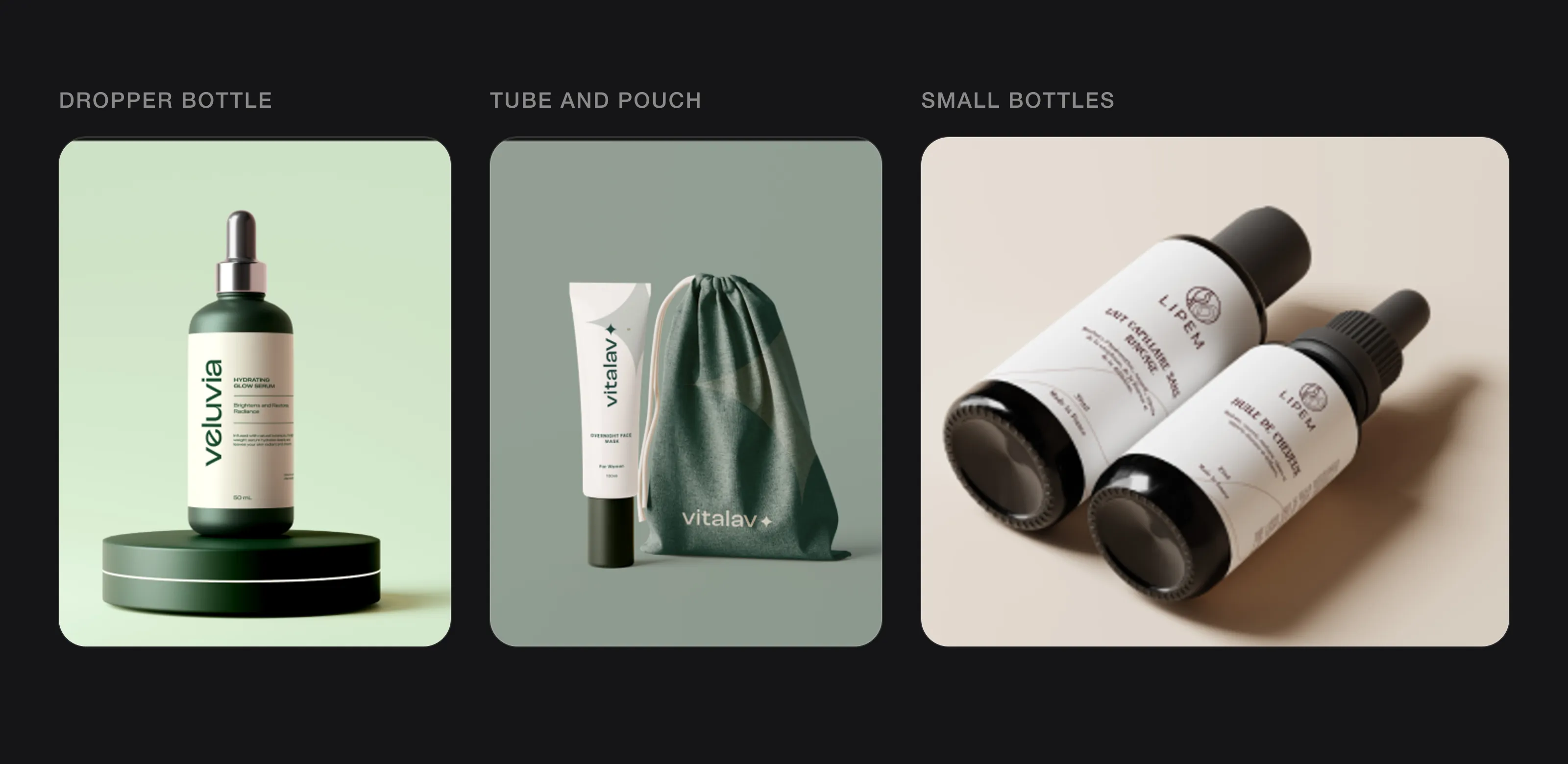 Veluvia serum bottle, Vitalav tube and pouch, and Lipem hair oil bottles, all designed by Logomint