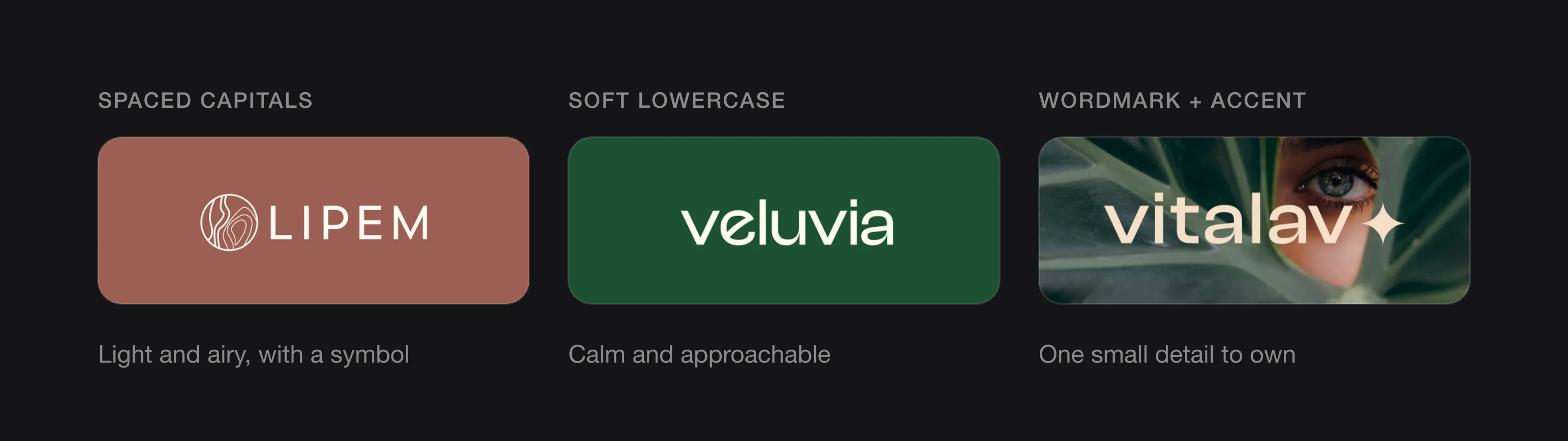 Three beauty wordmarks: Lipem in spaced capitals, Veluvia in soft lowercase and Vitalav with a star accent