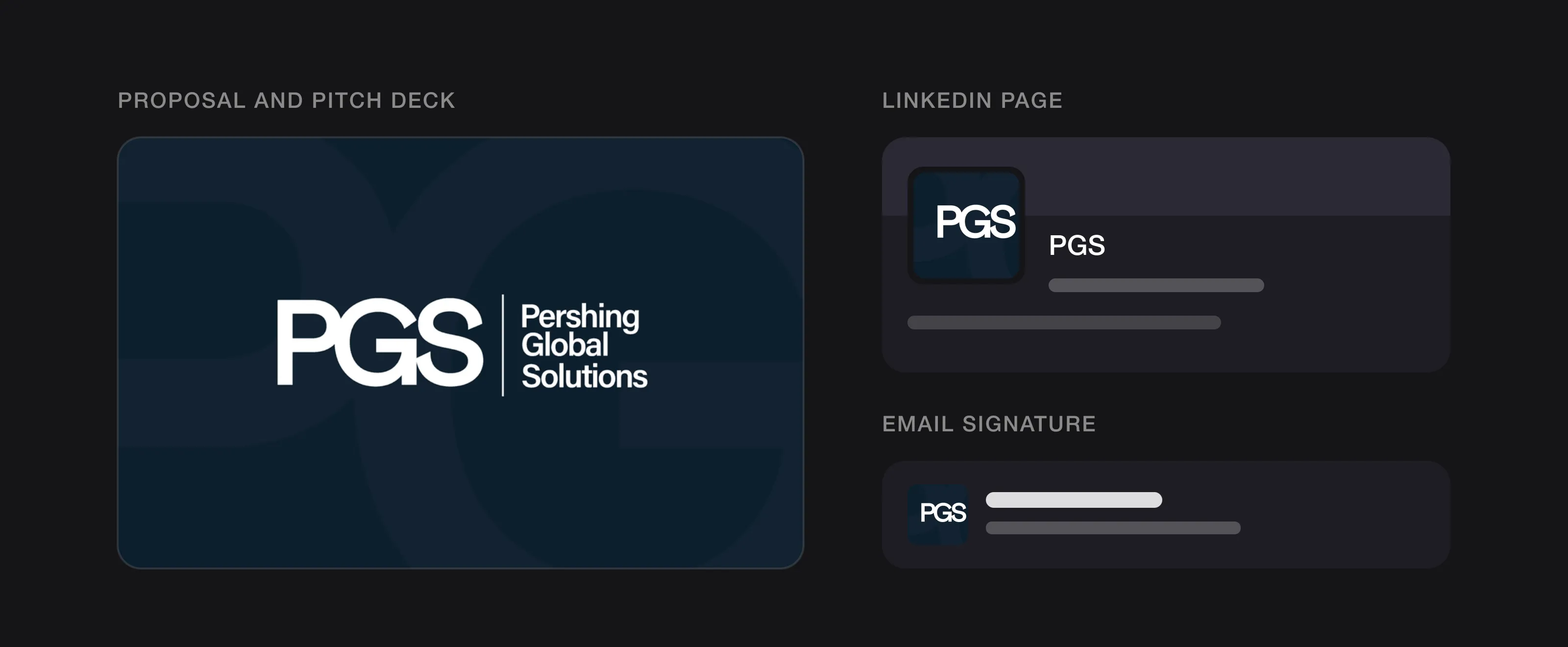 The PGS logo on a pitch-deck slide, as a LinkedIn page logo and in an email signature