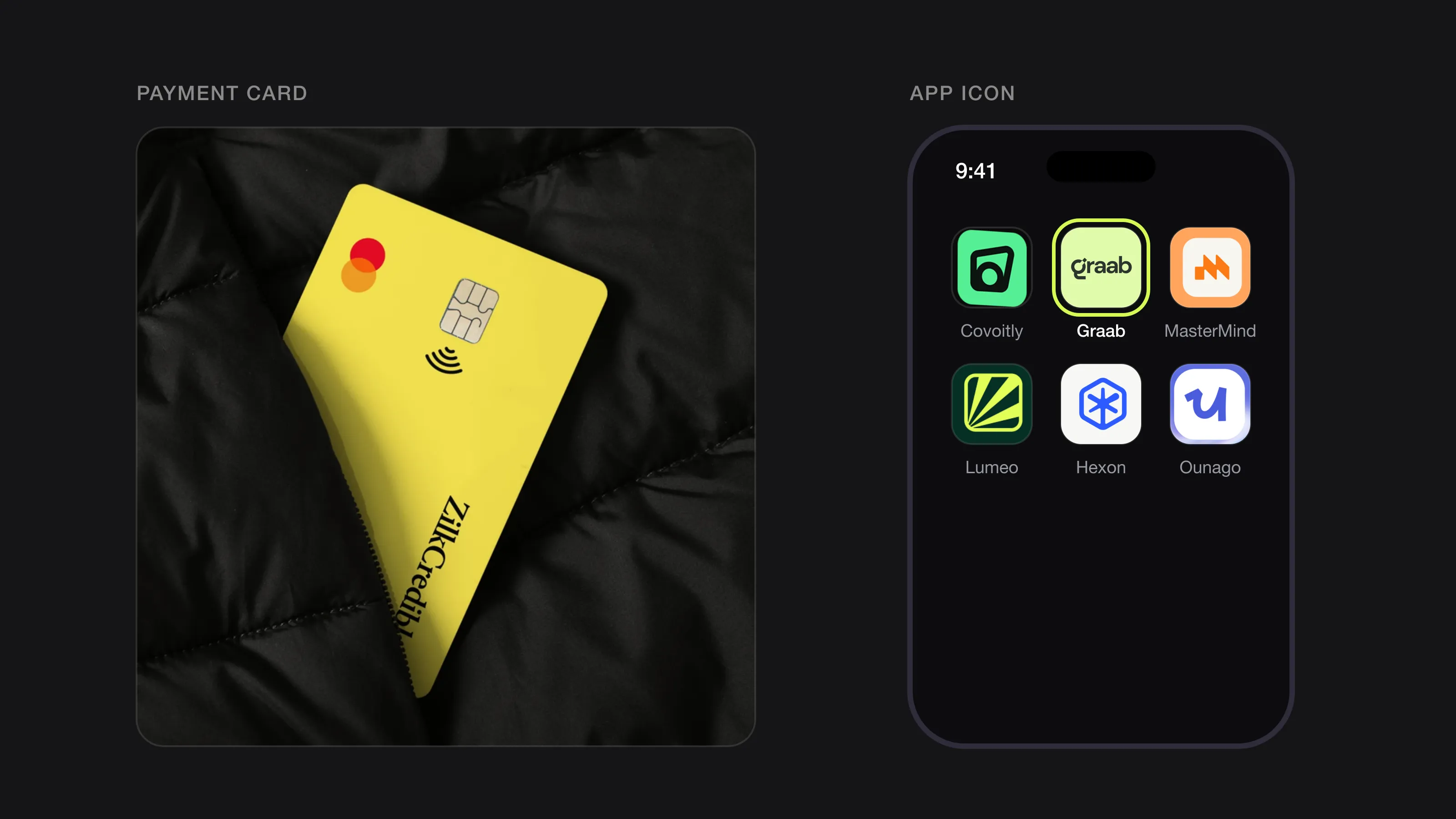 The yellow ZilkCredible payment card next to the Graab app icon on a phone home screen