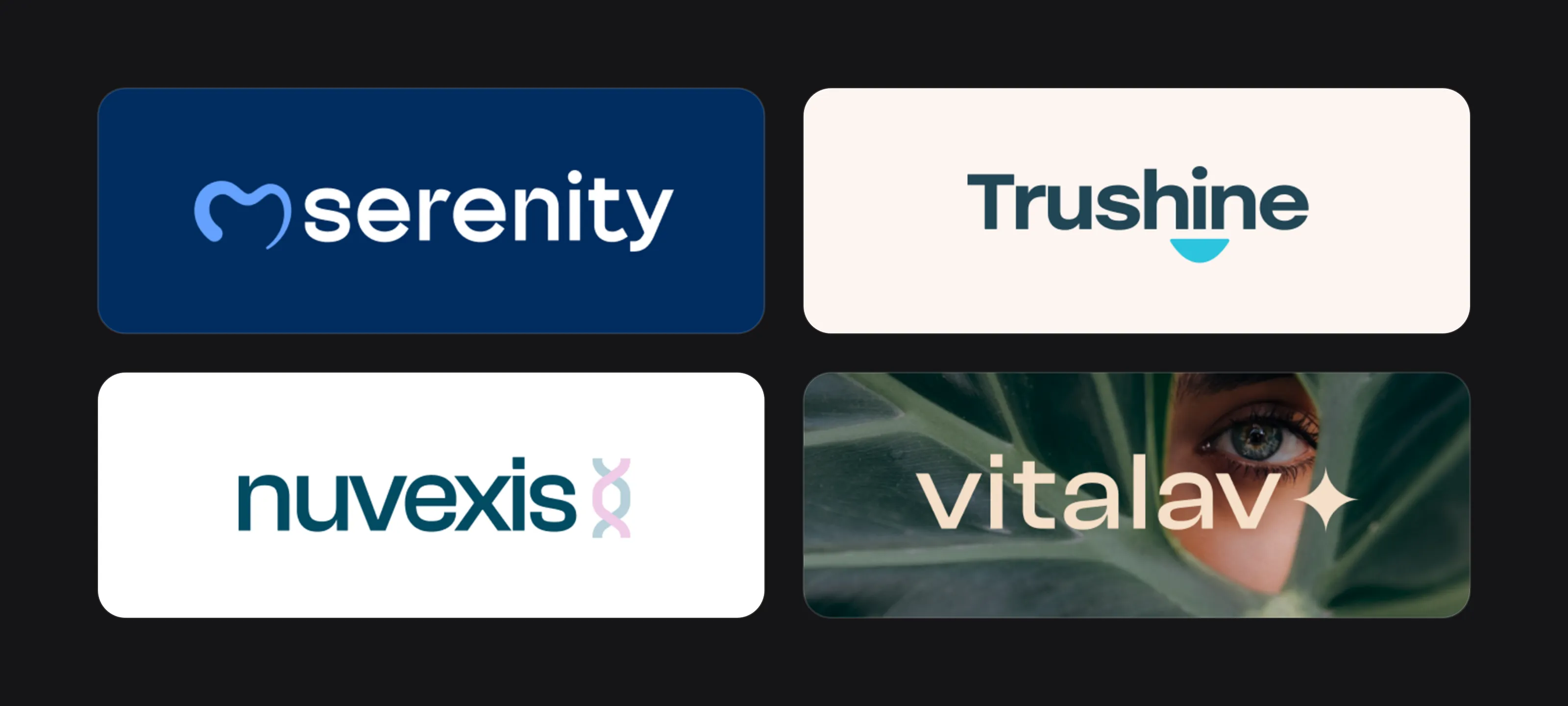 Four healthcare and wellness logos designed by Logomint: Serenity, Trushine, nuvexis and Vitalav