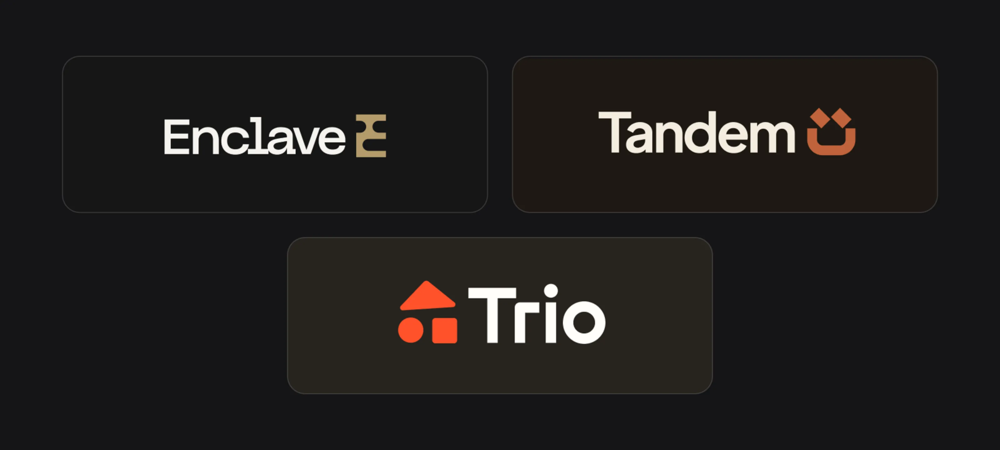 Three logos designed by Logomint: Enclave, Tandem and Trio