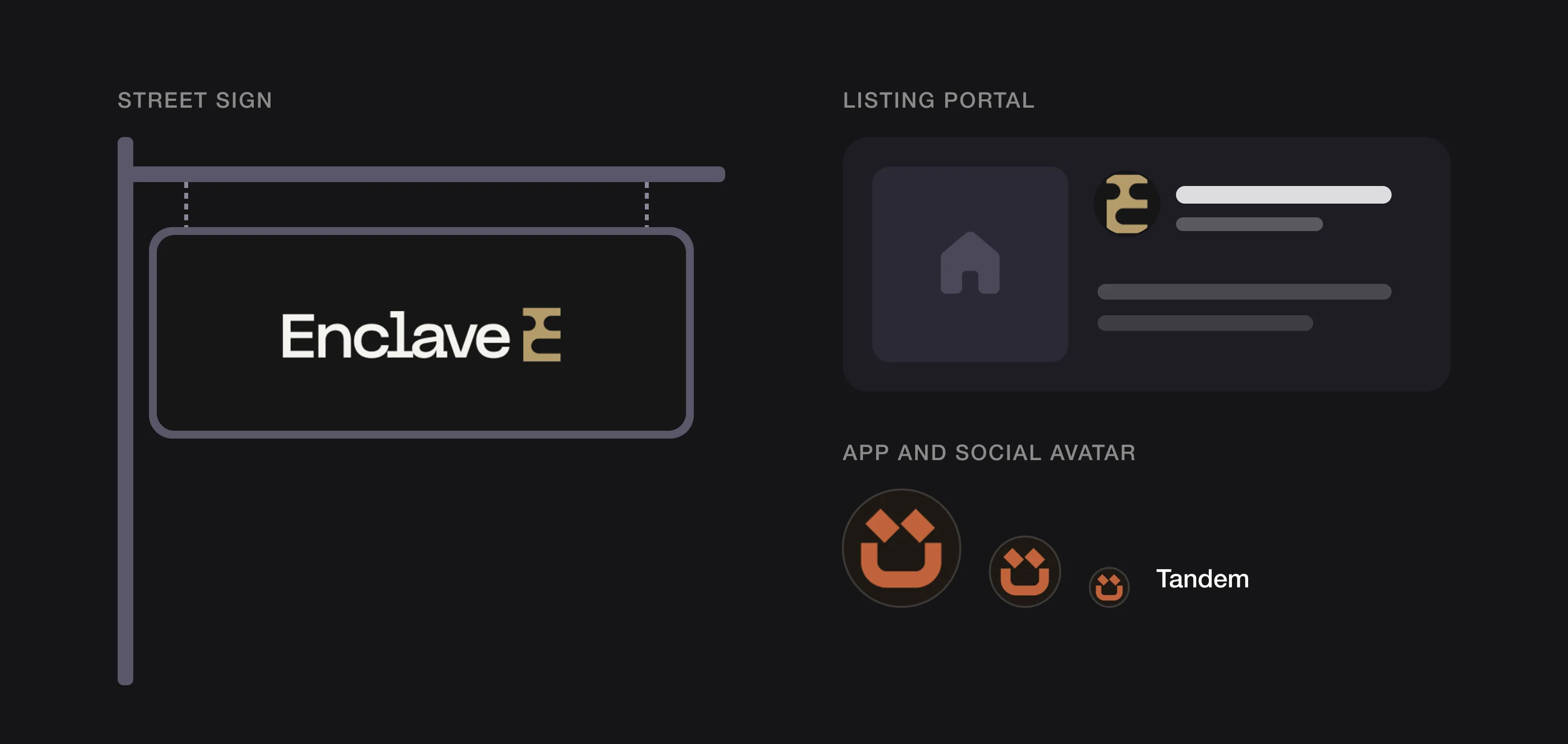 The Enclave logo on a hanging street sign and as a small listing-portal avatar, and the Tandem symbol as a round app avatar