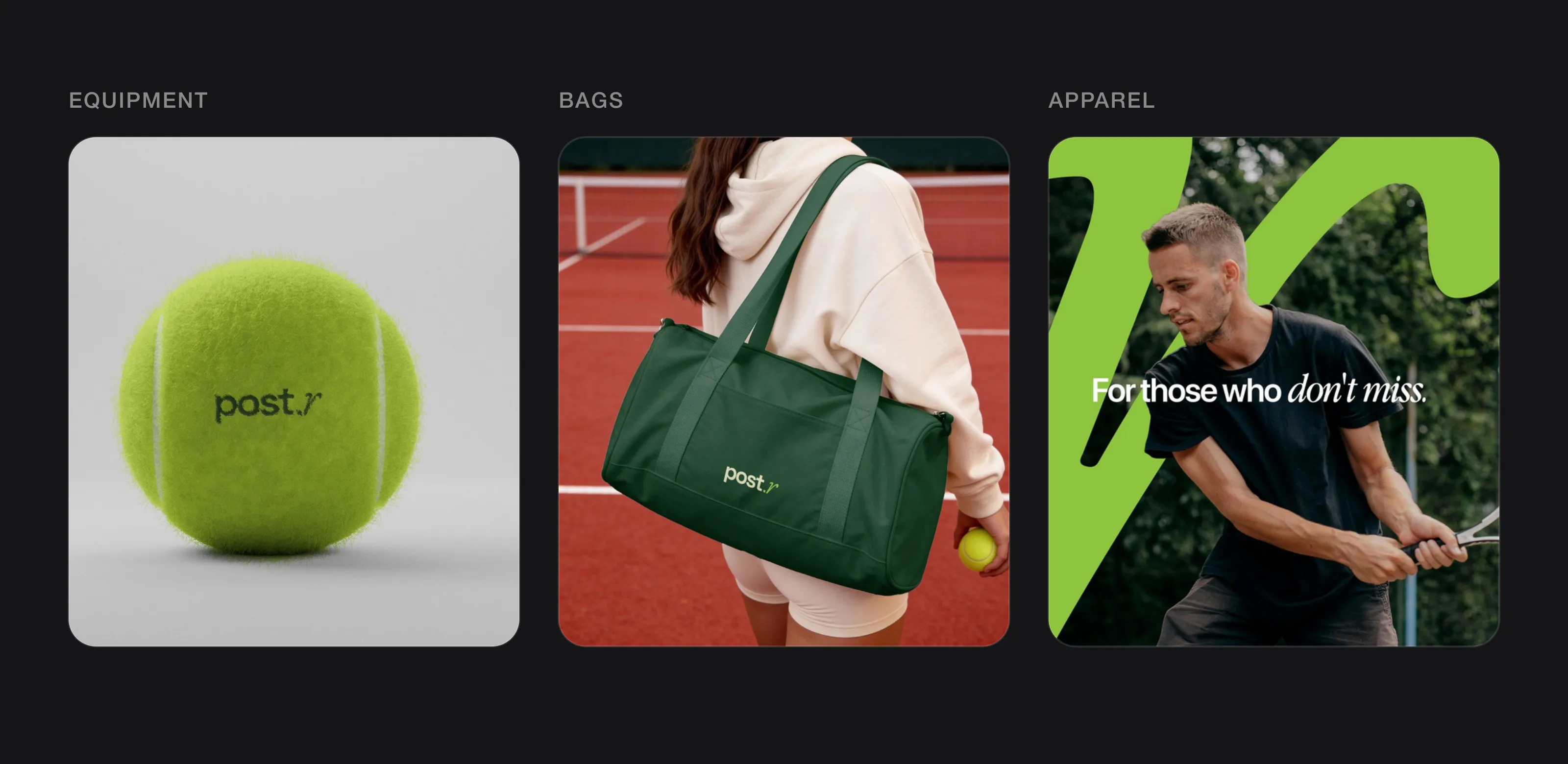 The post.r logo on a tennis ball, a green sports bag and a campaign photo of a player