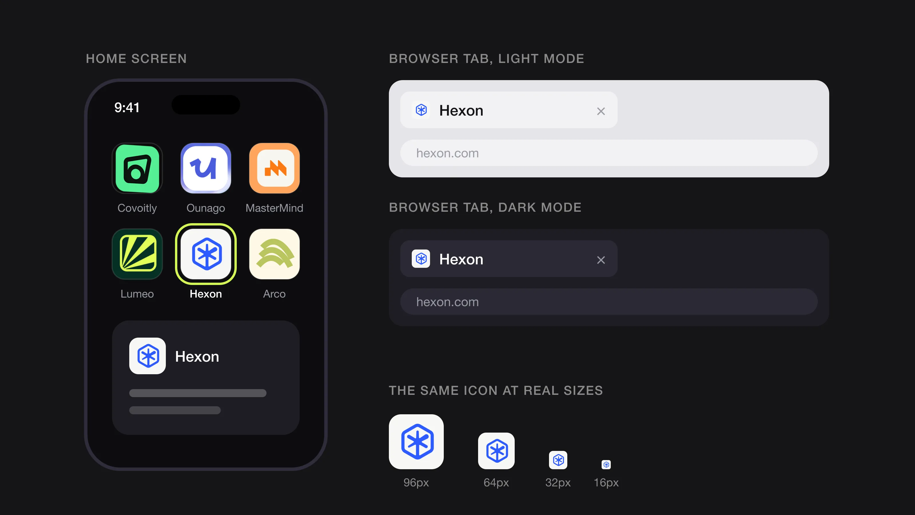 The Hexon icon on a phone home screen, as a favicon in light and dark browser tabs, and at 96, 64, 32 and 16 pixels