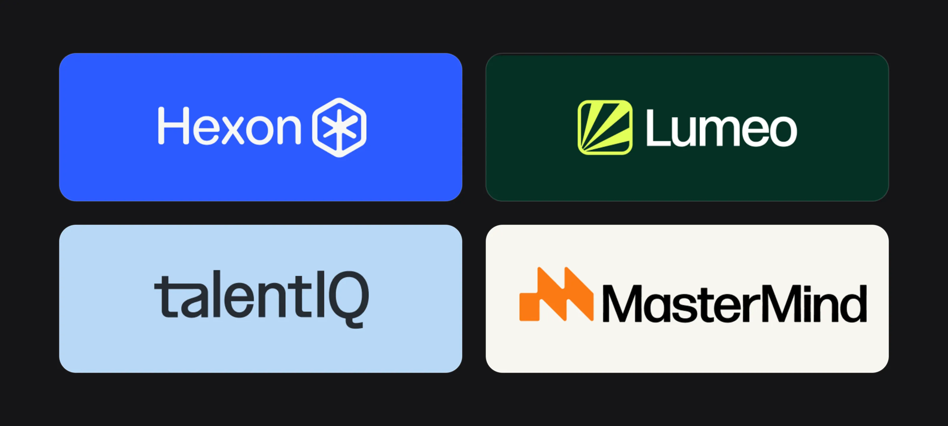 Four tech logos designed by Logomint: Hexon, Lumeo, TalentIQ and MasterMind