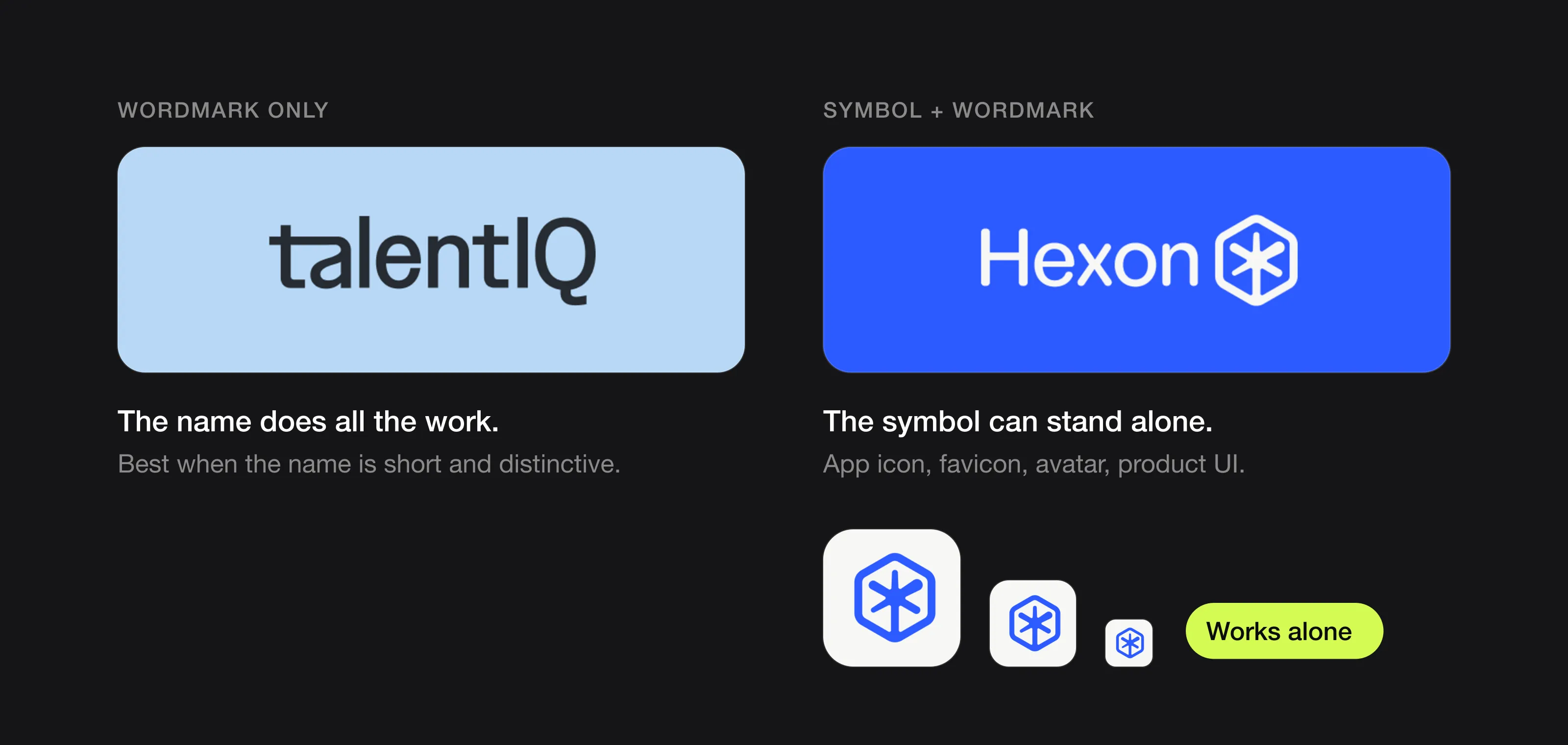 TalentIQ wordmark-only logo next to the Hexon logo, whose hexagon symbol also works alone as an icon