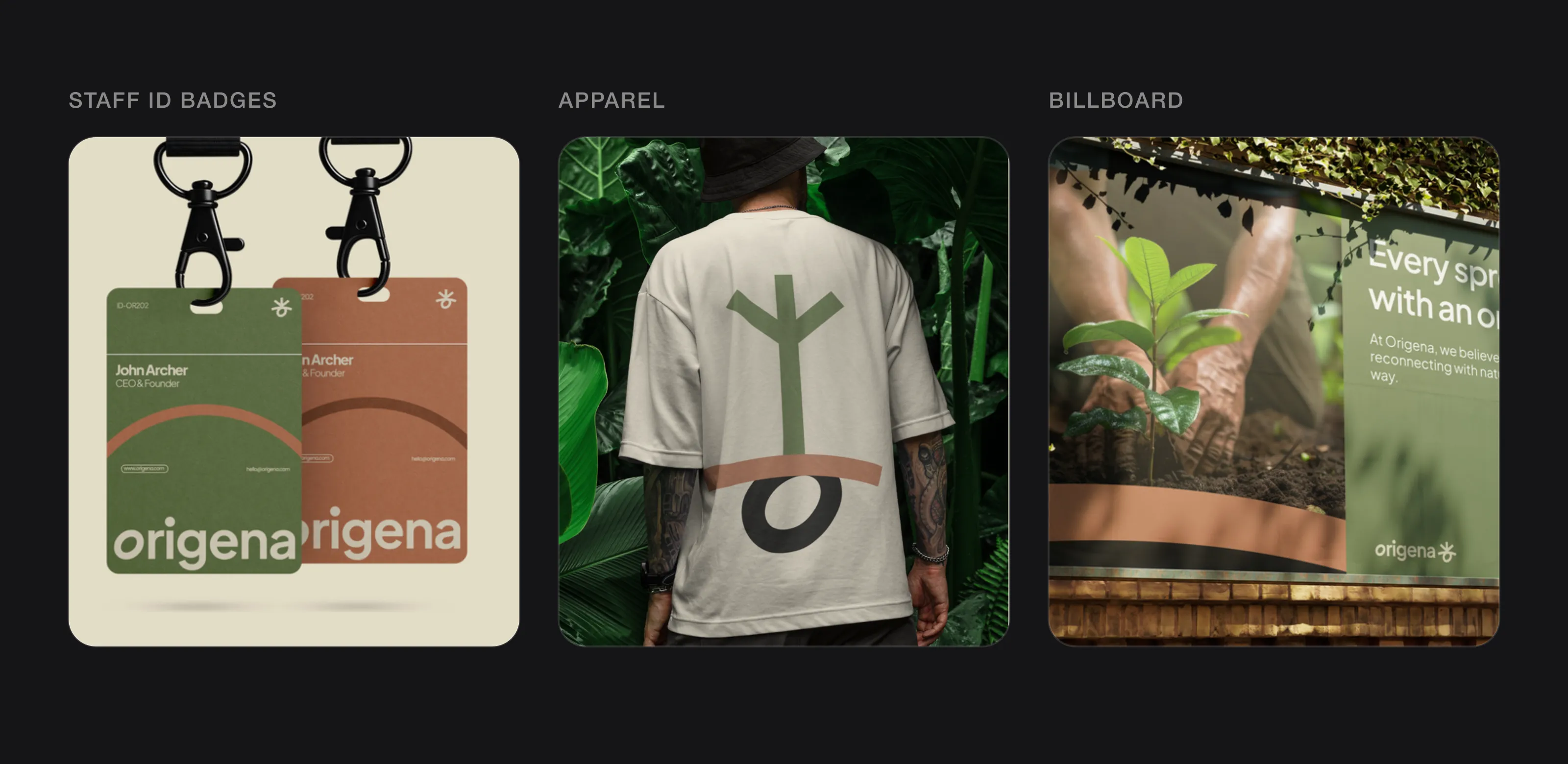 Origena staff ID badges, a T-shirt with the oversized symbol and a billboard