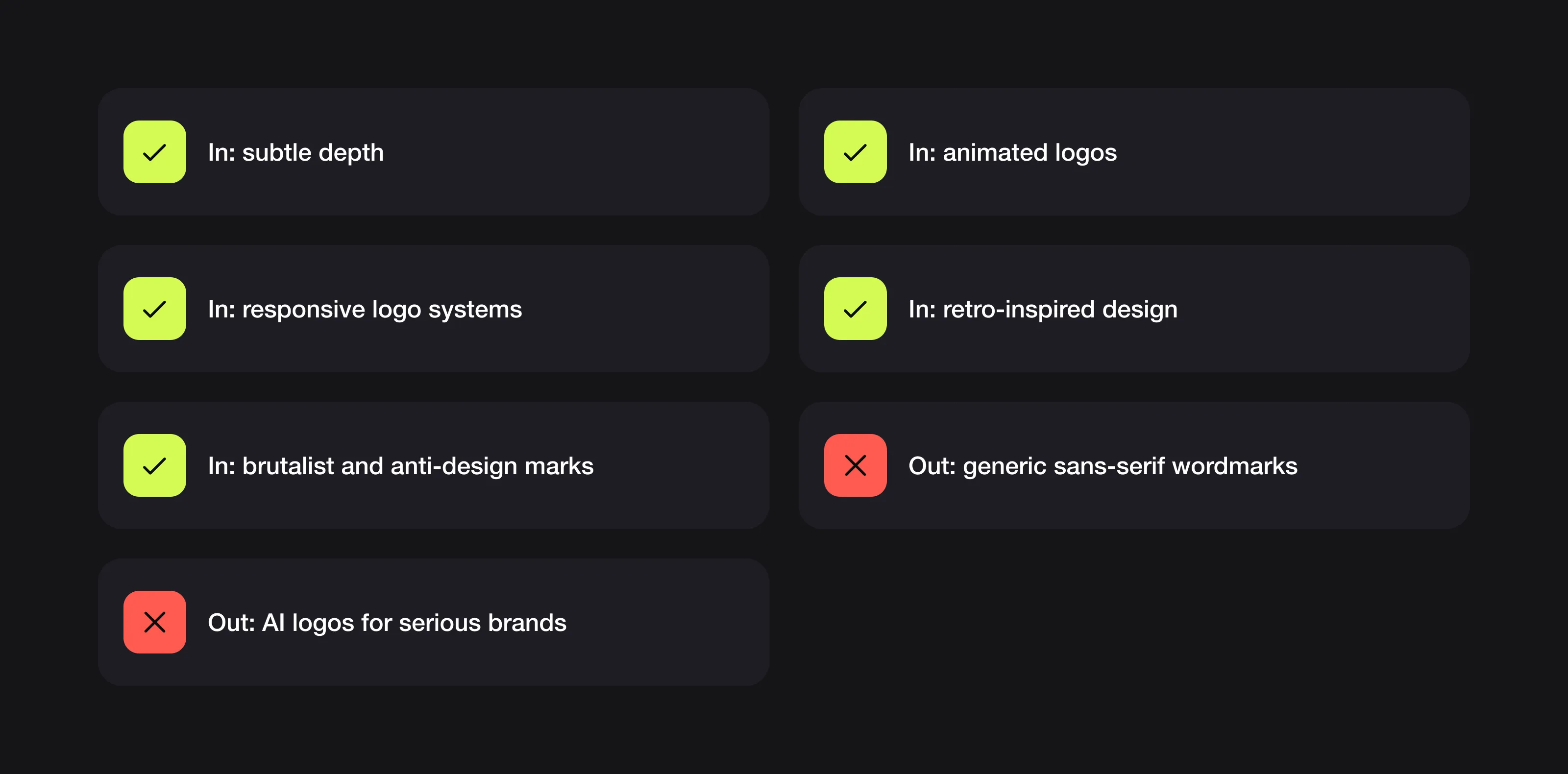 Logo trends in 2026: in are subtle depth, animated logos, responsive systems, retro-inspired and brutalist marks; out are generic sans-serif wordmarks and AI logos for serious brands