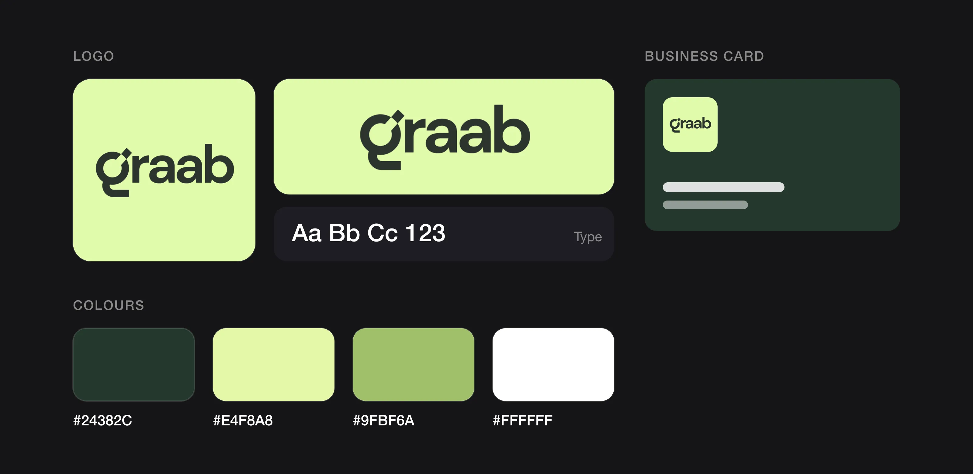 A one-page identity kit for Graab: logo, wordmark, type sample, business card and four colours with HEX codes