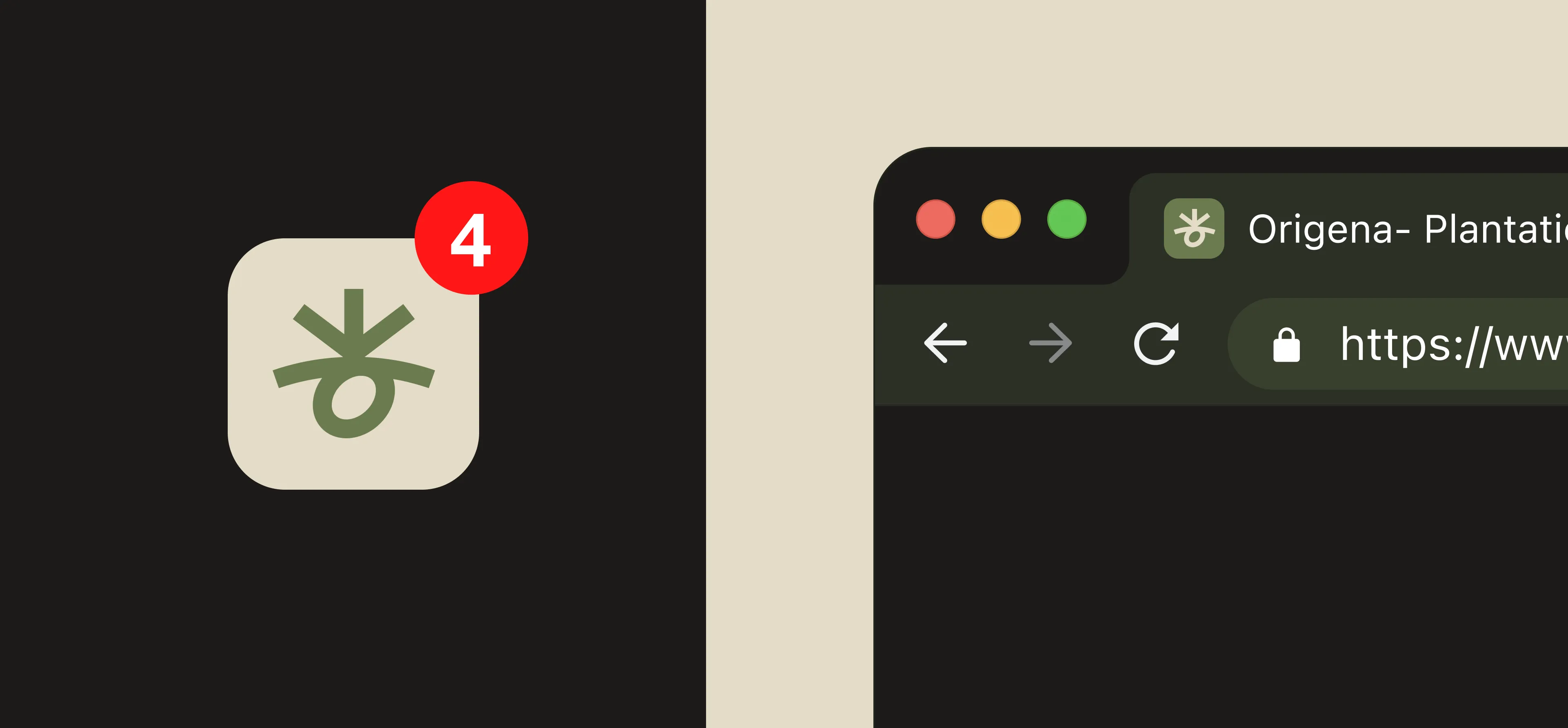 Origena app icon with a notification badge and the Origena favicon in a browser tab
