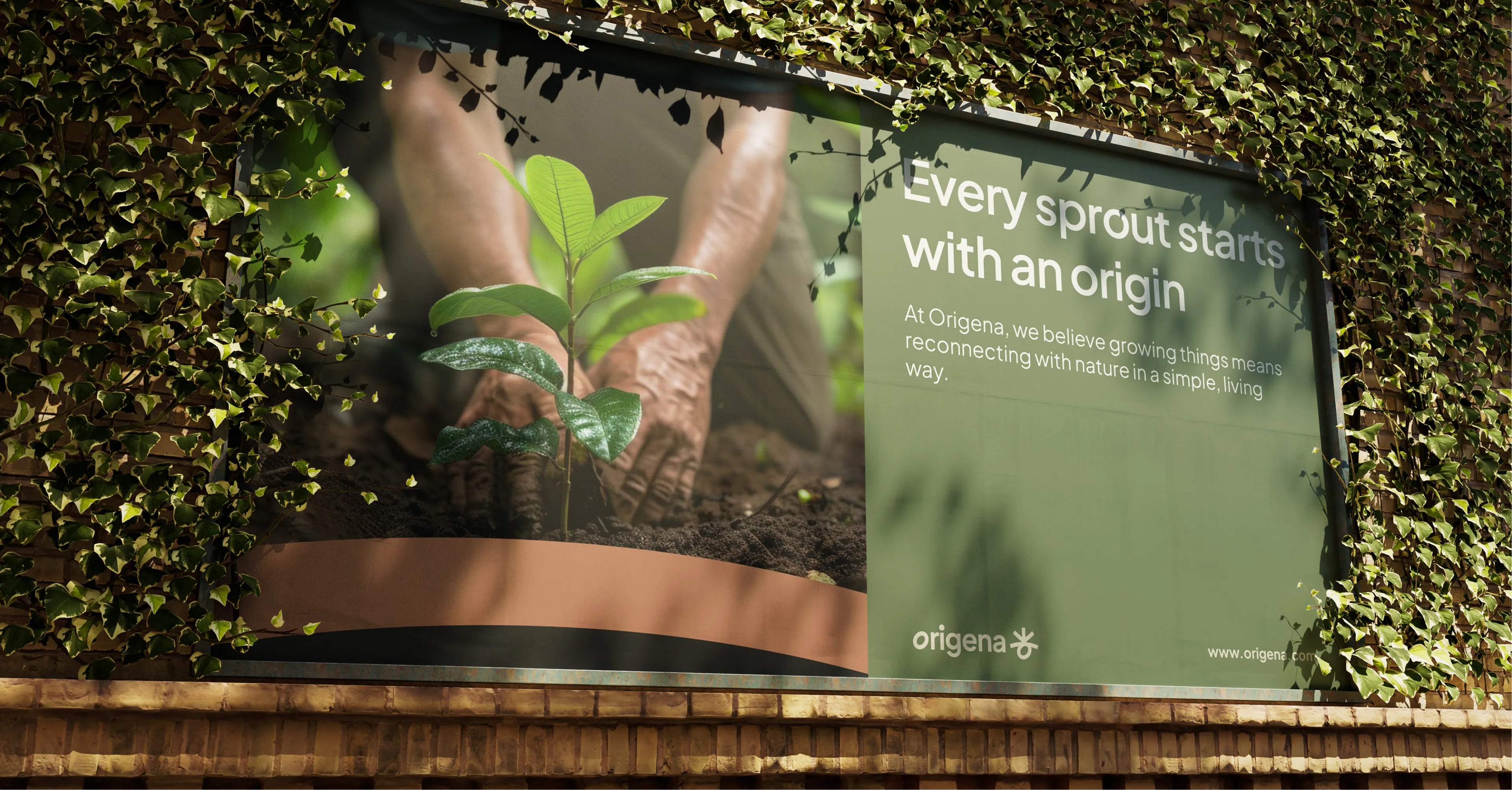 Origena billboard on an ivy-covered wall reading "Every sprout starts with an origin"