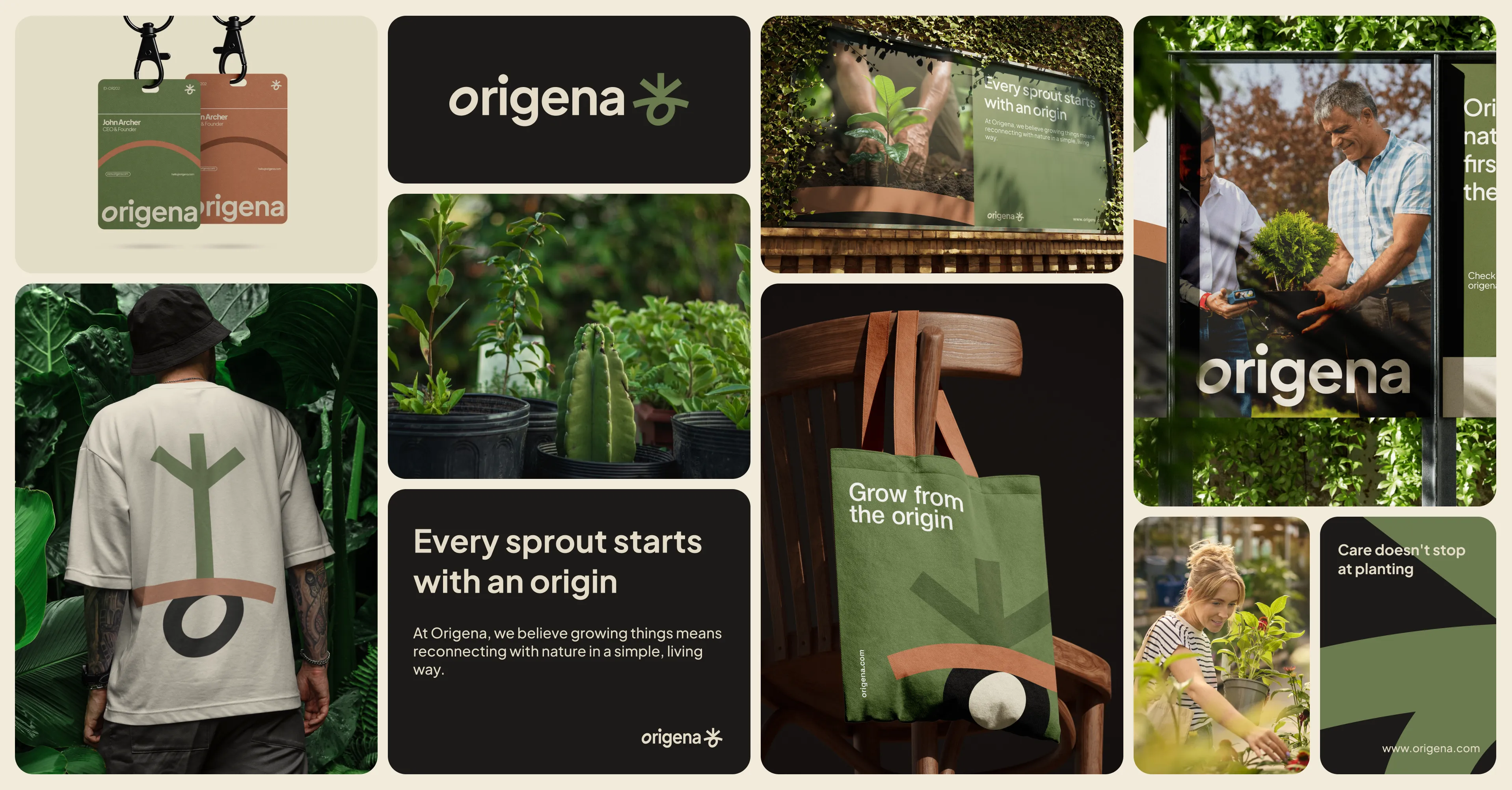Overview of the Origena brand identity: logo, badges, billboard, tote bag, T-shirt and social posts