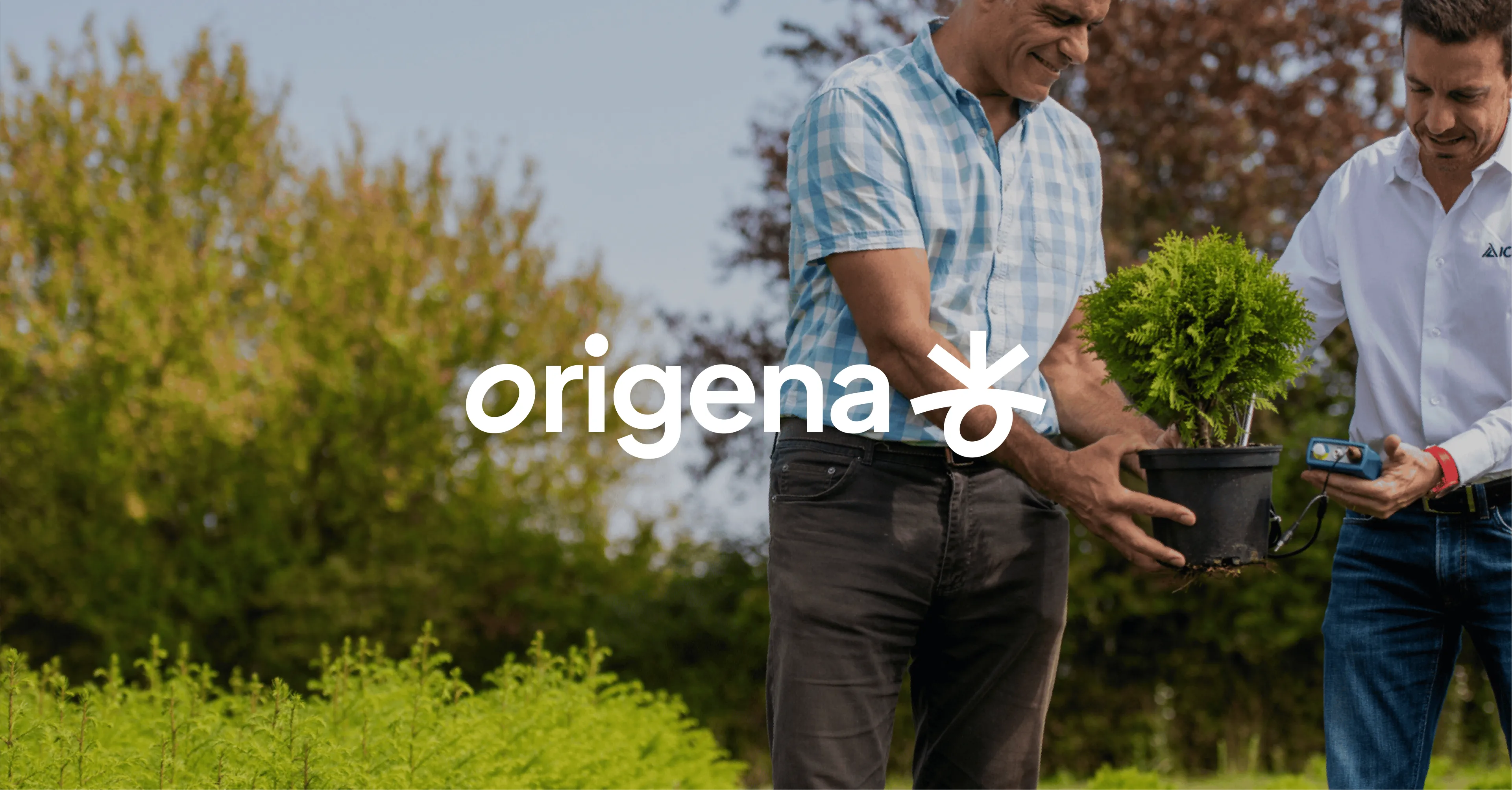 Origena logo over two gardeners holding a young potted conifer in a plant nursery