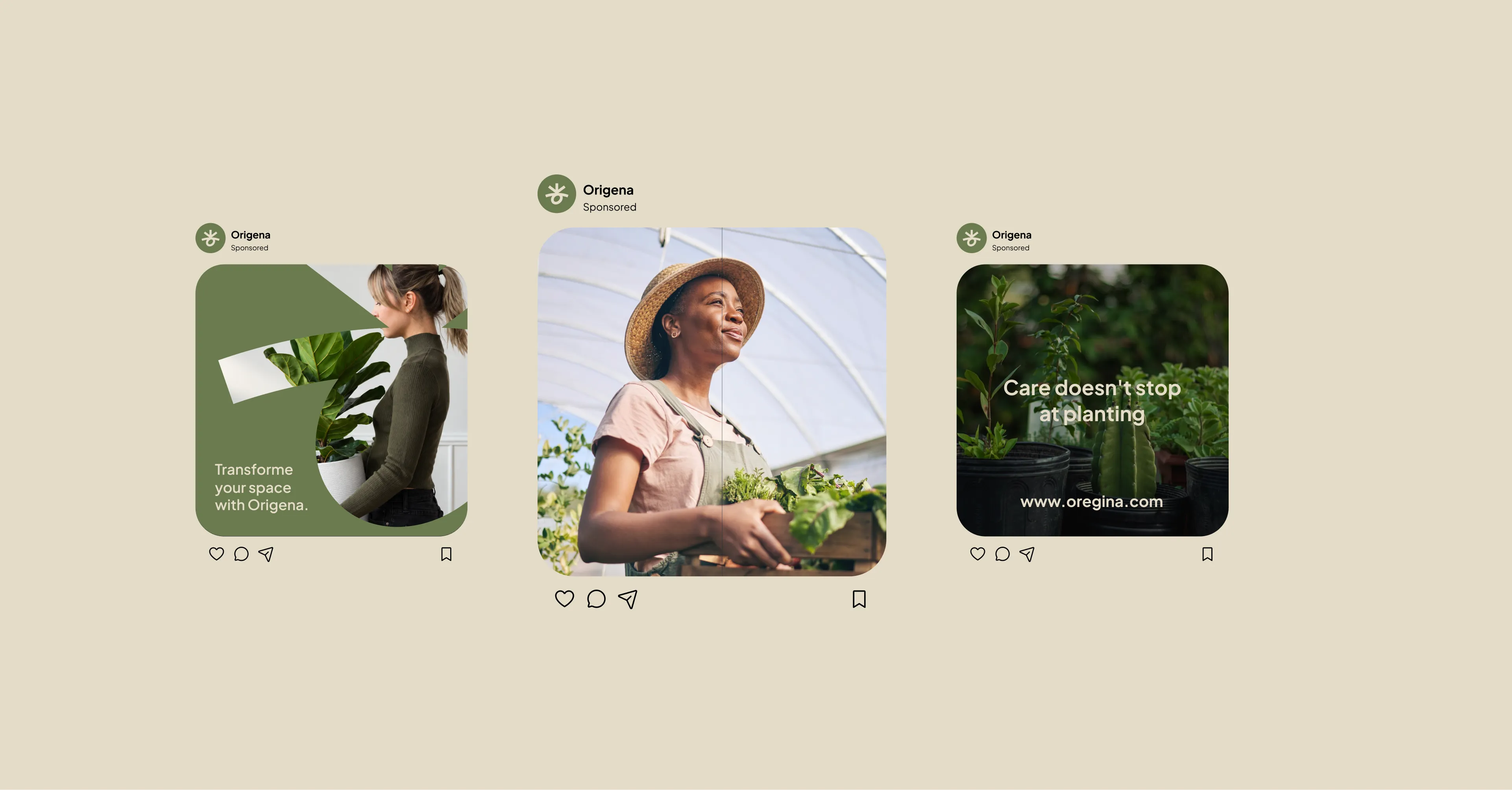 Three sponsored Origena Instagram ads, including "Care doesn't stop at planting"
