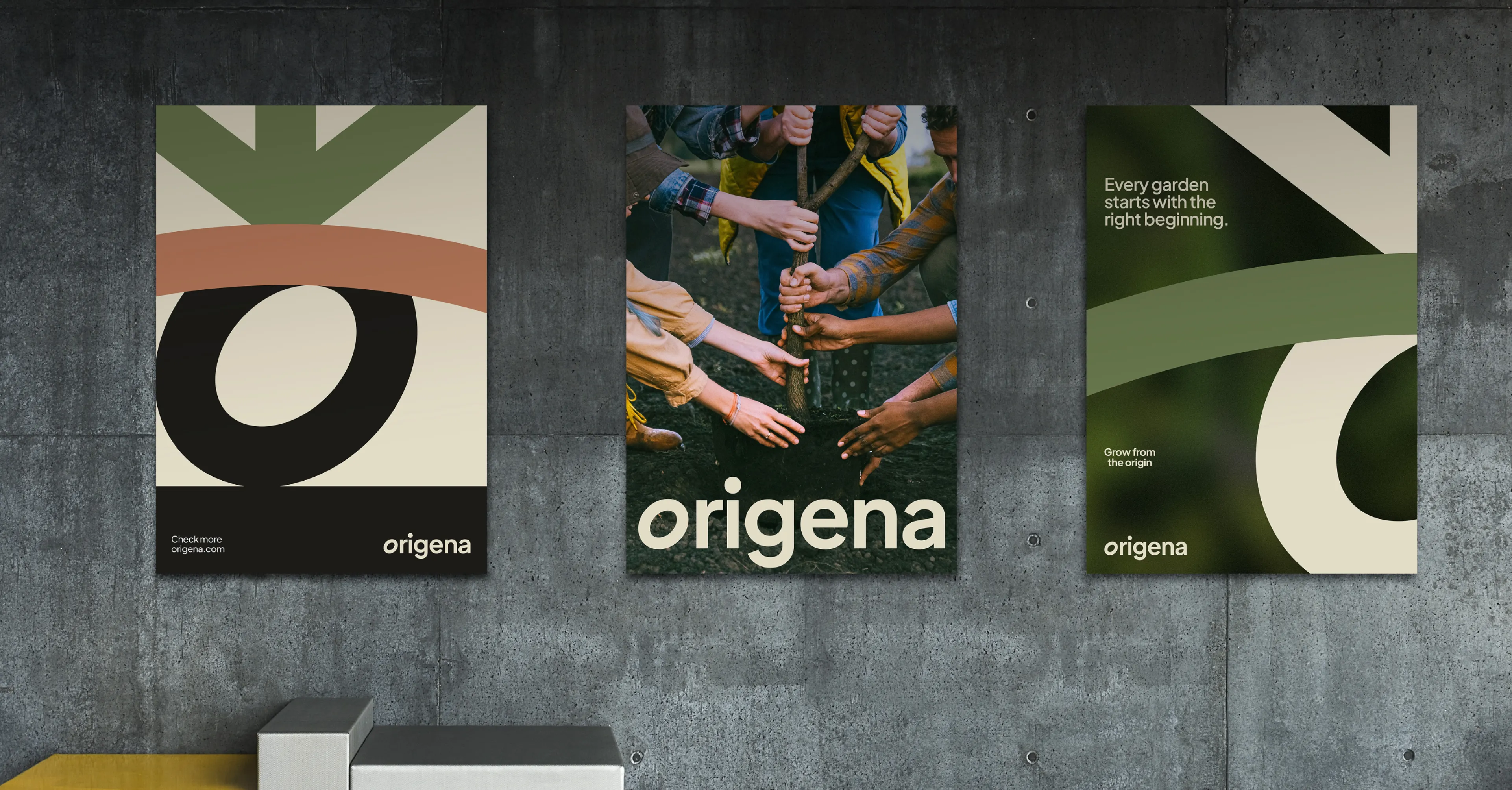 Three Origena posters on a concrete wall, including "Every garden starts with the right beginning"
