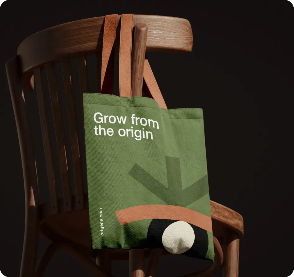 Origena tote bag reading "Grow from the origin", brand identity by Logomint