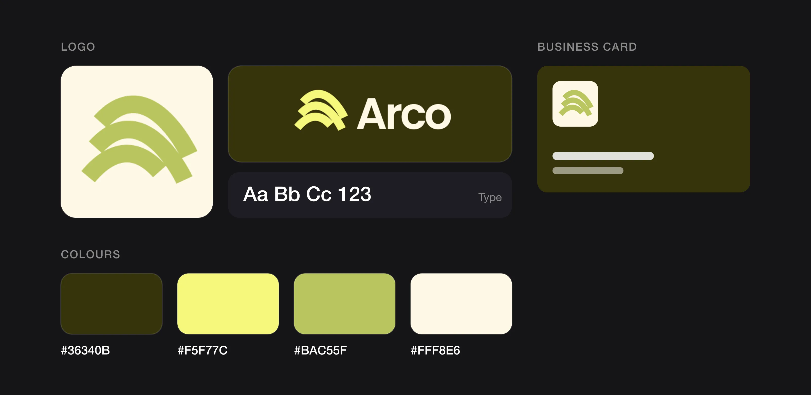 A one-page brand kit for Arco: symbol, wordmark, type sample, business card and four colours with HEX codes