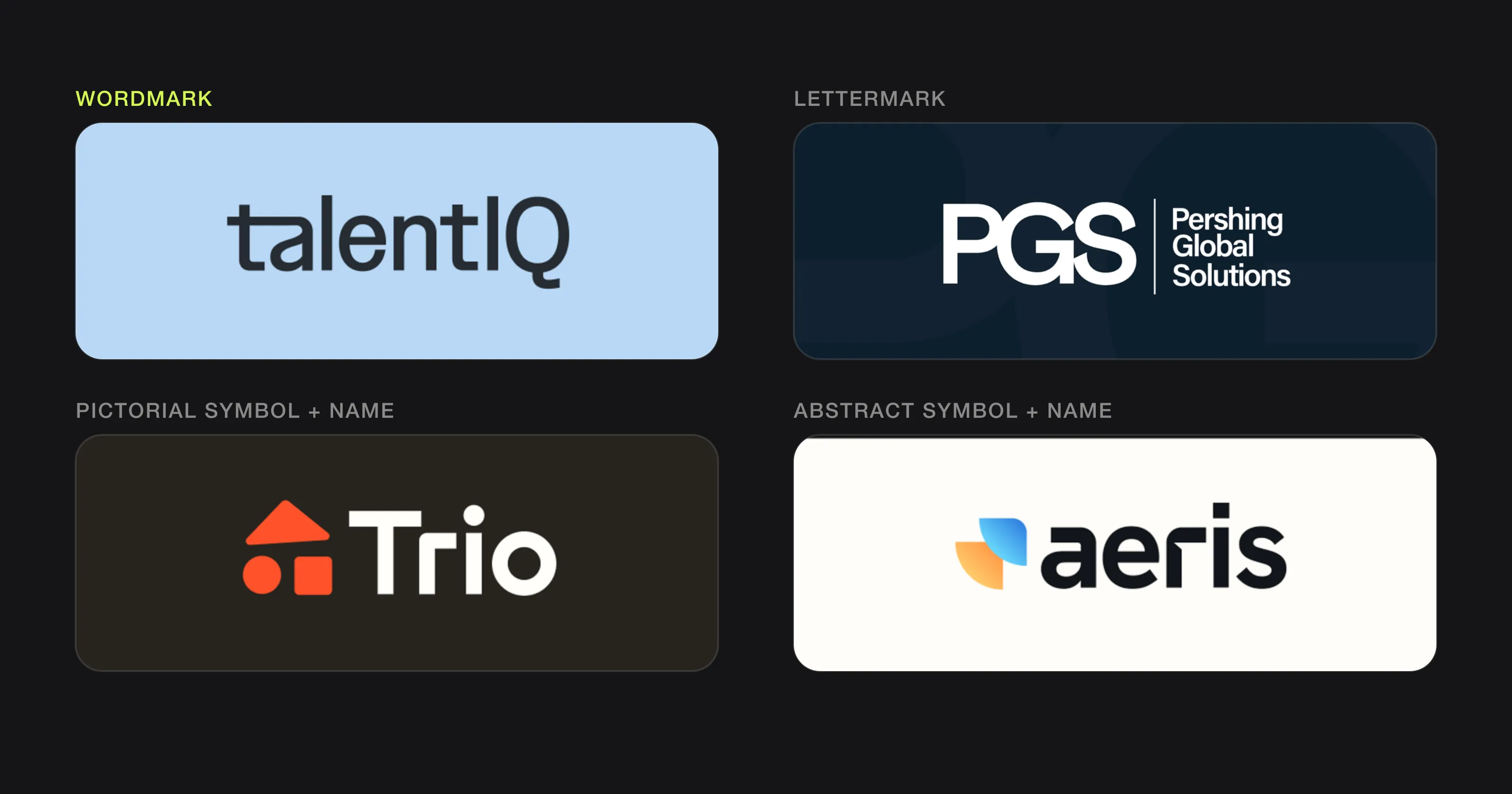 Four logos designed by Logomint labelled by type: TalentIQ wordmark, PGS lettermark, Trio pictorial symbol with name, aeris abstract symbol with name