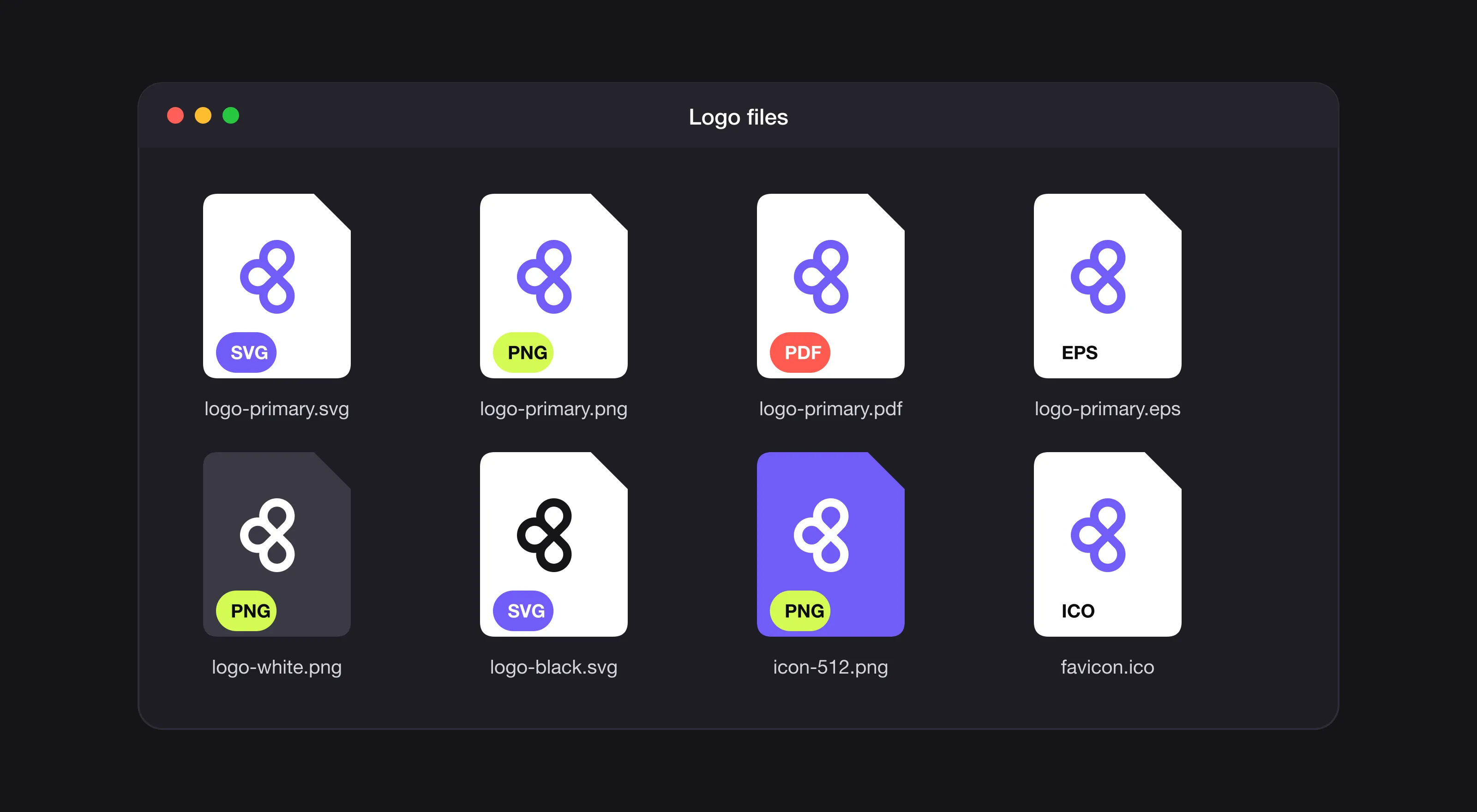 A folder of logo files: primary logo as SVG, PNG, PDF and EPS, a white PNG, a black SVG, a 512 px icon and a favicon