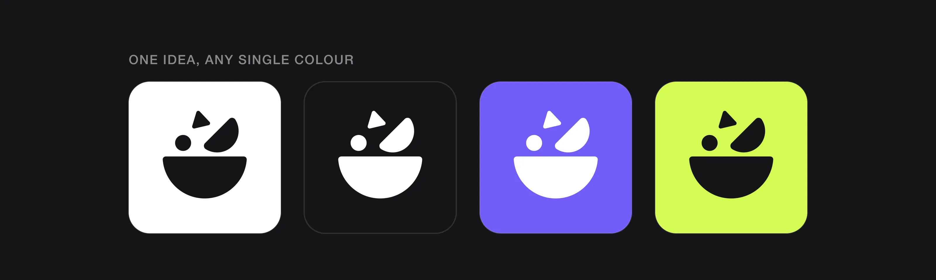 The same symbol in black on white, white on black, white on purple and black on lime