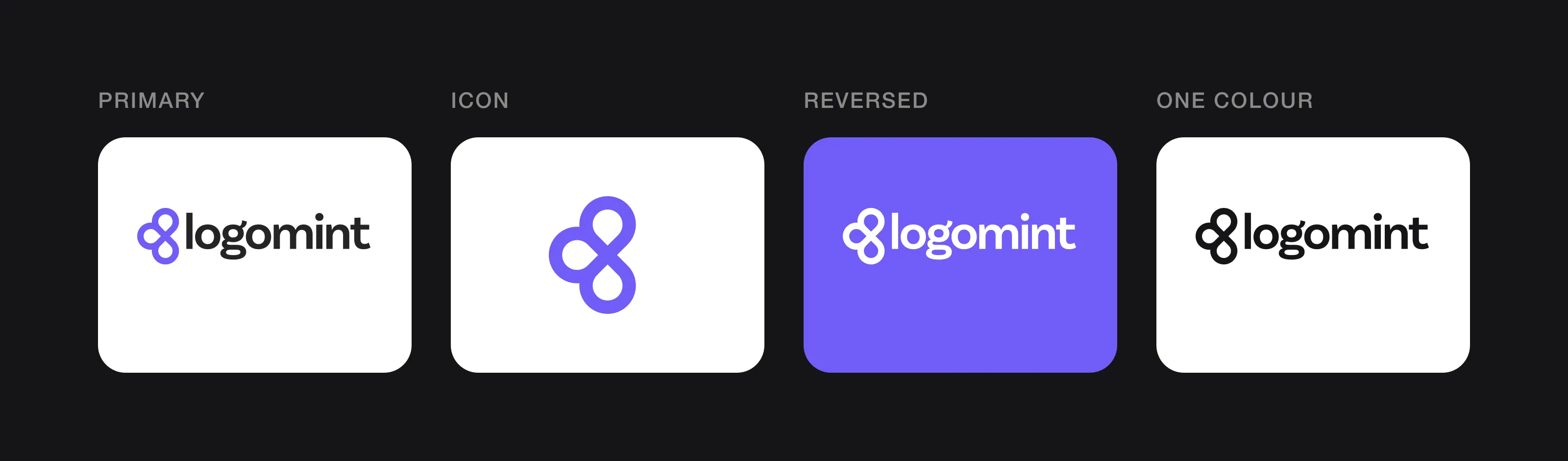 The Logomint logo in four versions: primary, icon only, reversed in white on purple, and one colour in black